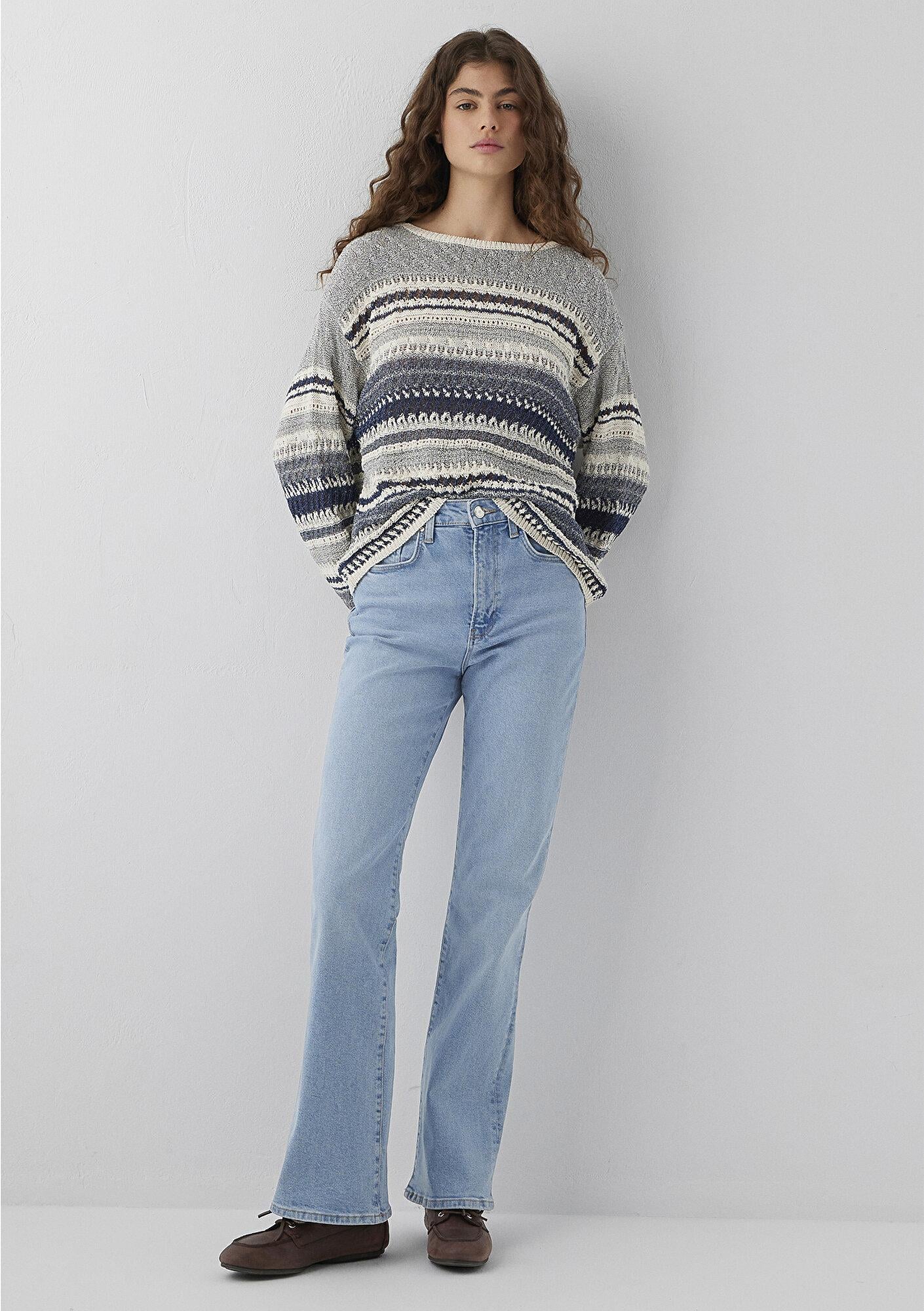 Mavi Çizgili Jakarlı Kazak Loose Fit / Bol Rahat Kesim 1710973-84057