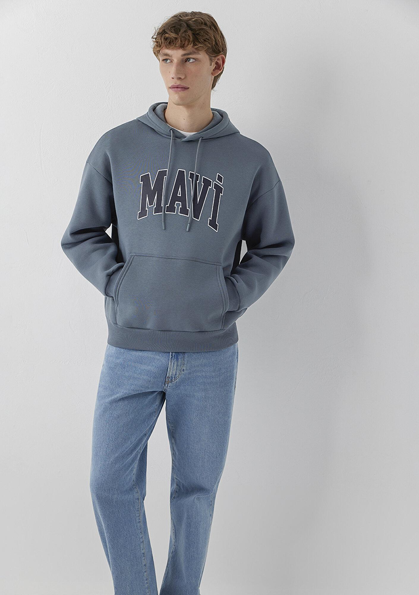 Mavi Mavi Logo Baskılı Kapüşonlu Gri Sweatshirt 067149-80889