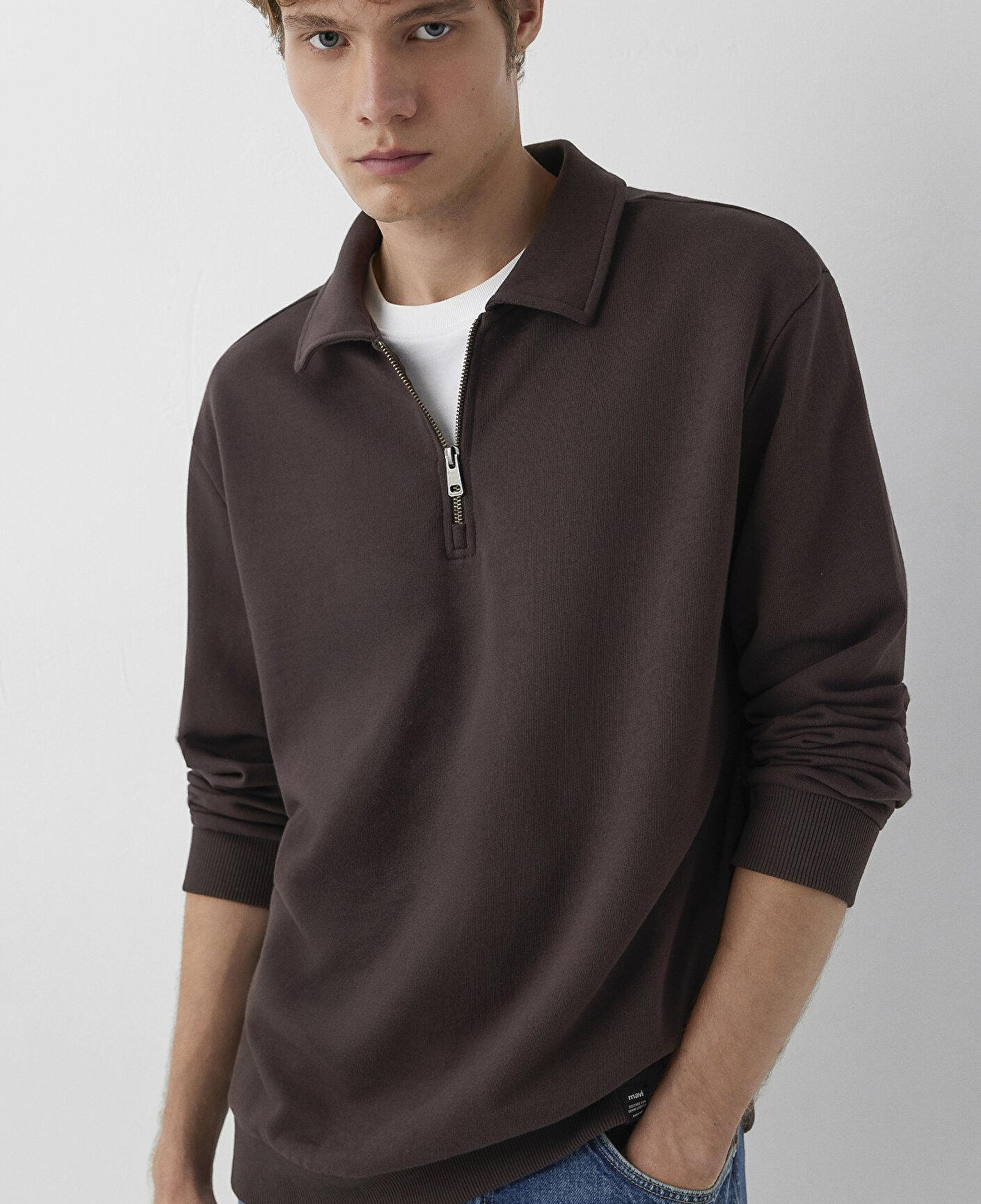 Mavi Fermuarlı Kahverengi Polo Sweatshirt 0S10622-70220