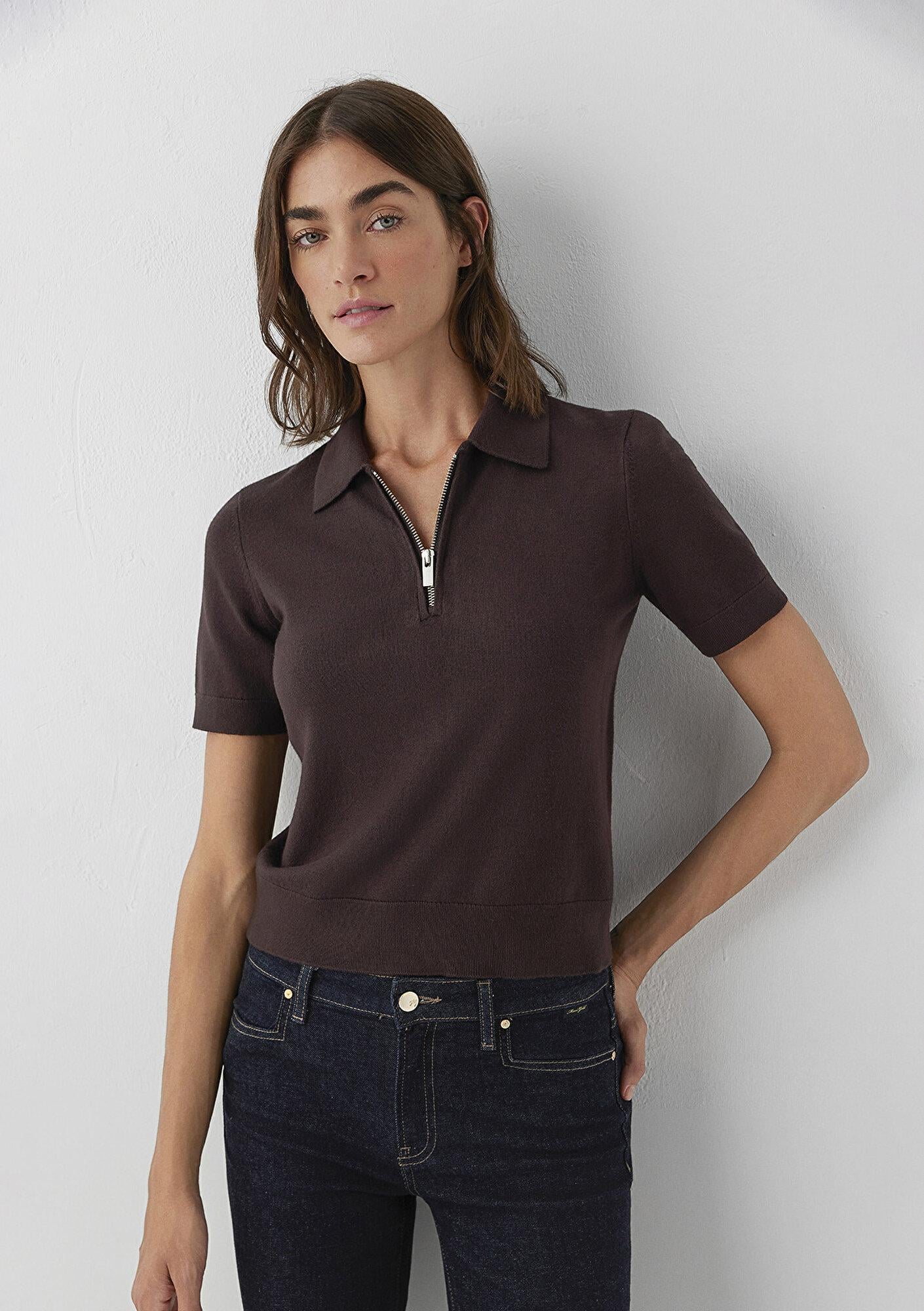 Mavi Fermuarlı Kahverengi Triko Polo Slim Fit / Dar Kesim 1710944-70240