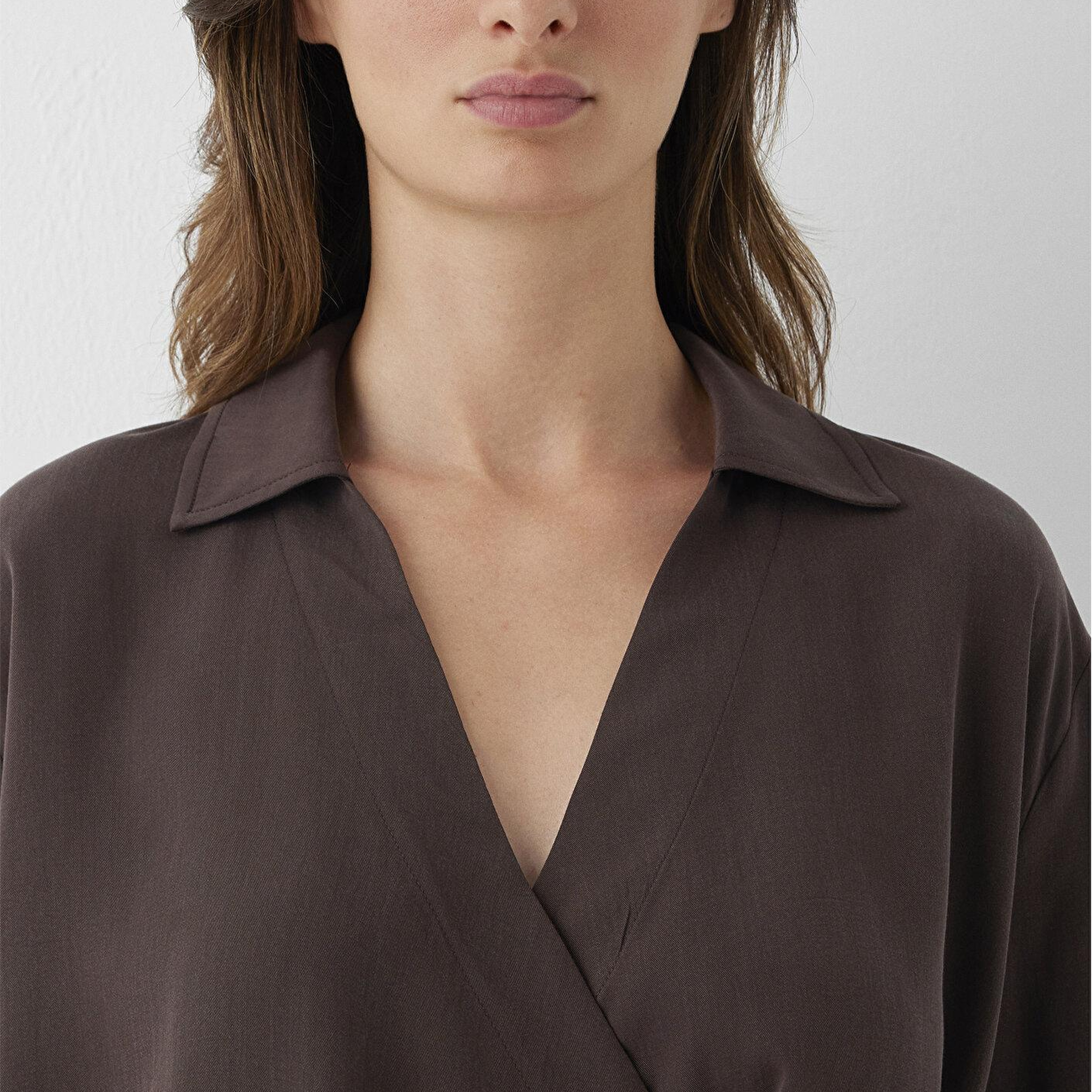 Mavi (Tencel TM) Lyocell Çapraz Bağlamalı Kahverengi Bluz 1211581-70236
