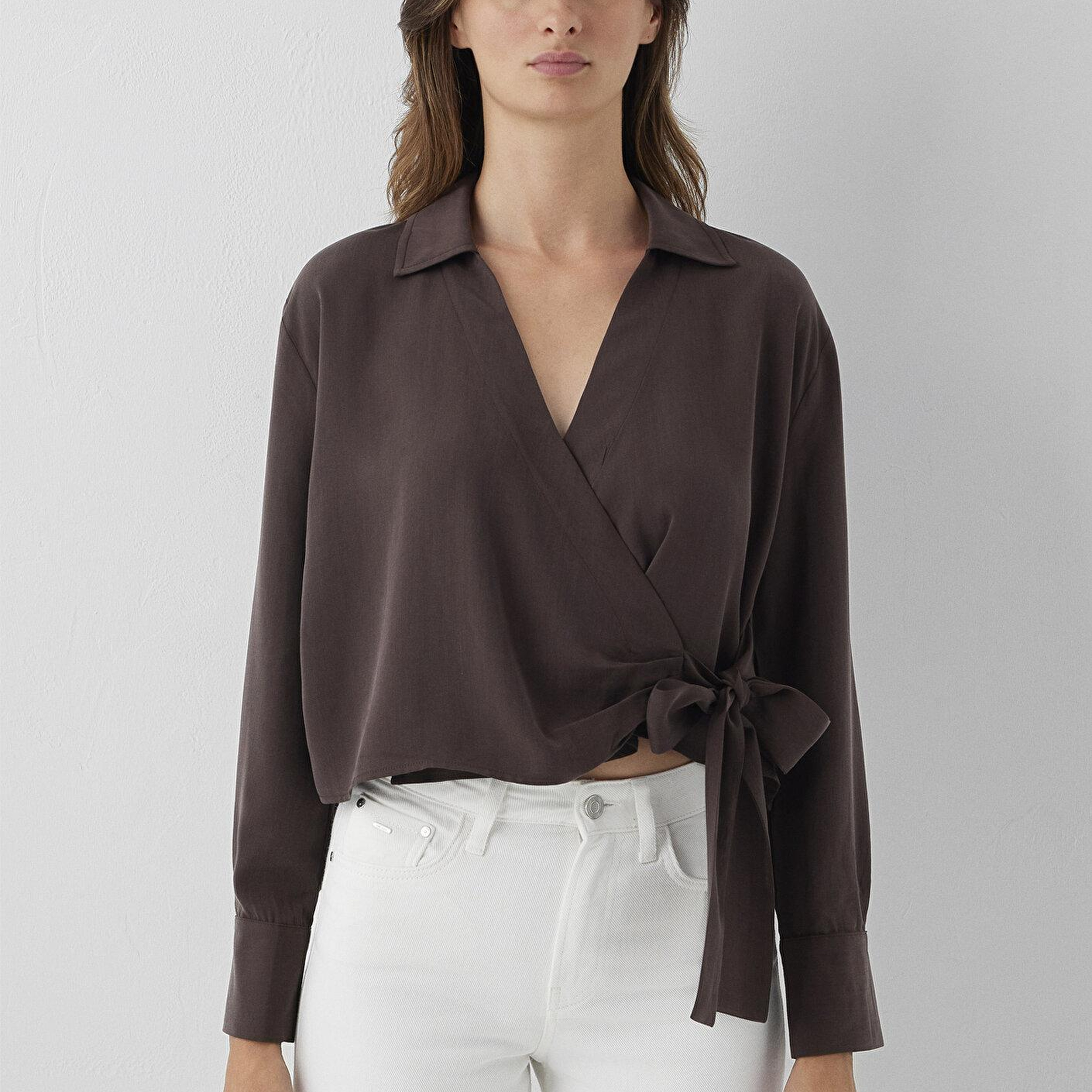 Mavi (Tencel TM) Lyocell Çapraz Bağlamalı Kahverengi Bluz 1211581-70236