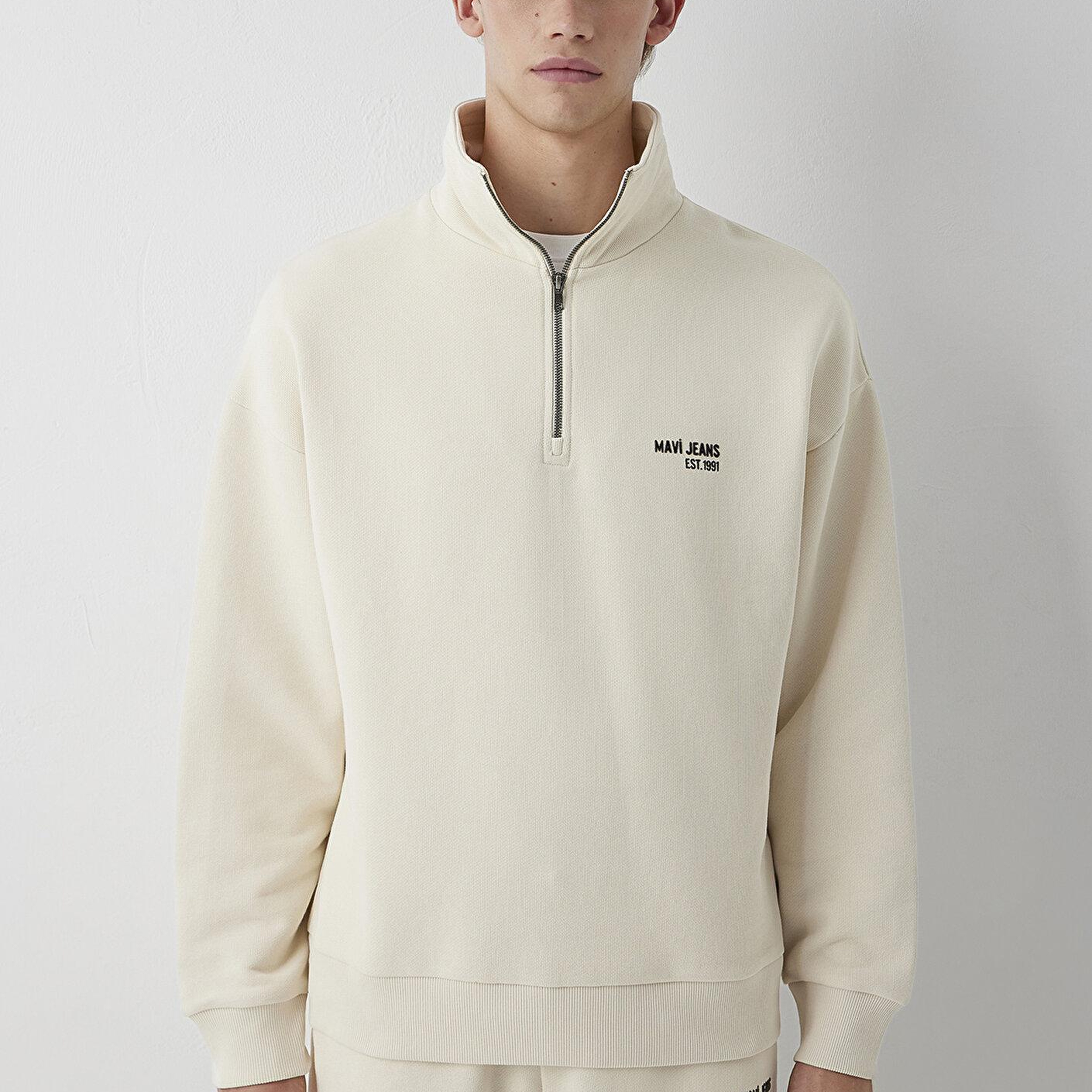 Mavi Mavi Logo Baskılı Yarı Fermuarlı Bej Sweatshirt 0S10678-70072