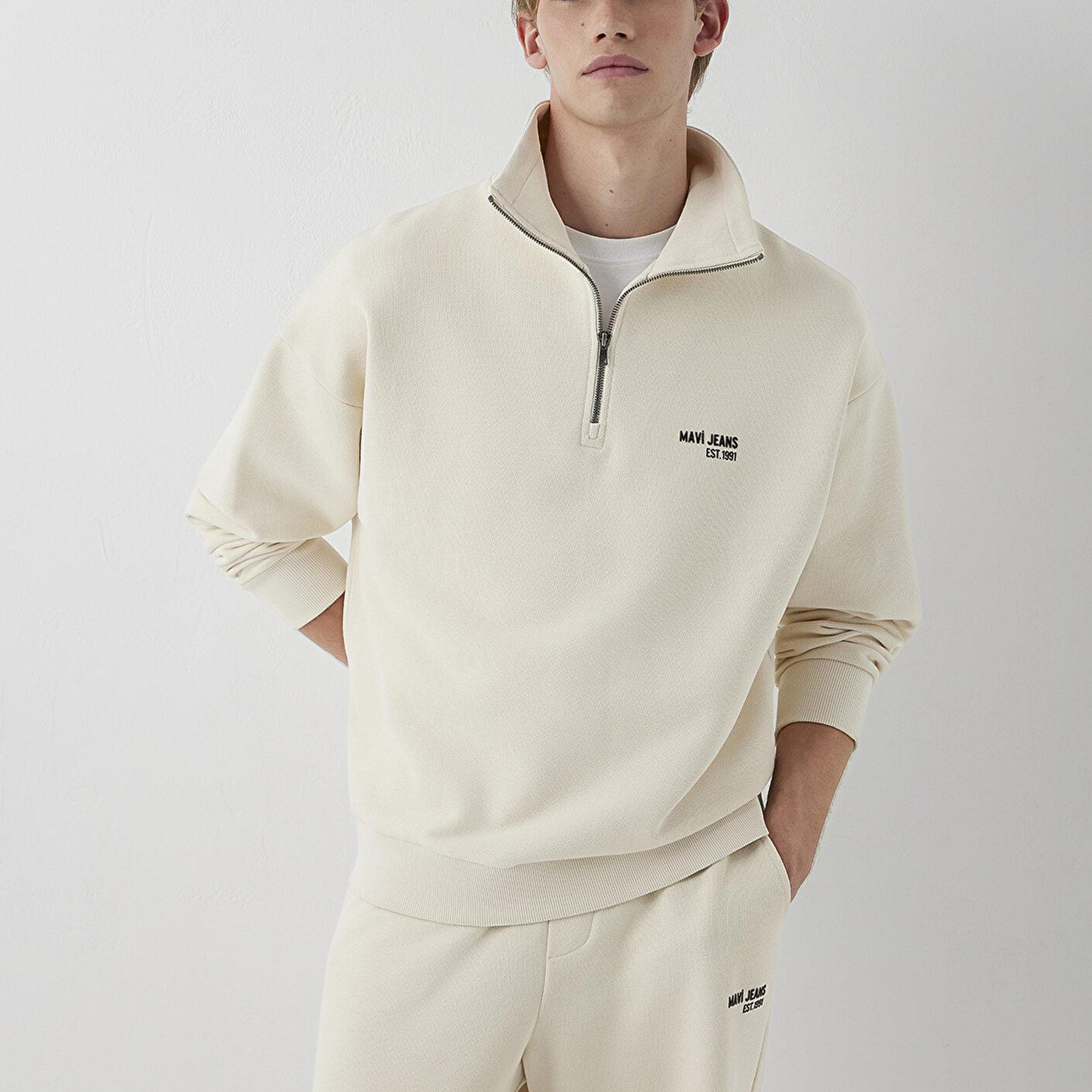 Mavi Mavi Logo Baskılı Yarı Fermuarlı Bej Sweatshirt 0S10678-70072