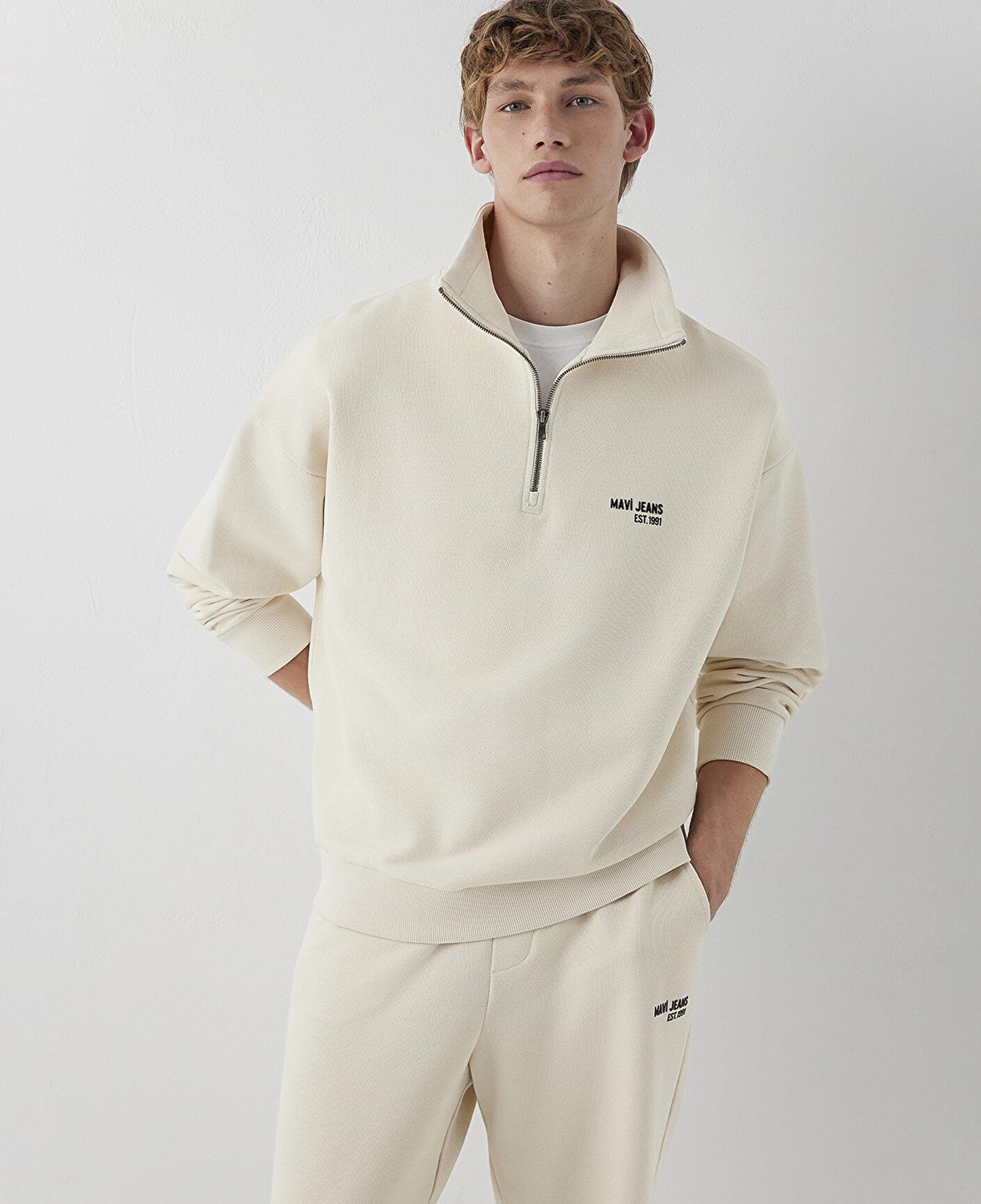 Mavi Mavi Logo Baskılı Yarı Fermuarlı Bej Sweatshirt 0S10678-70072