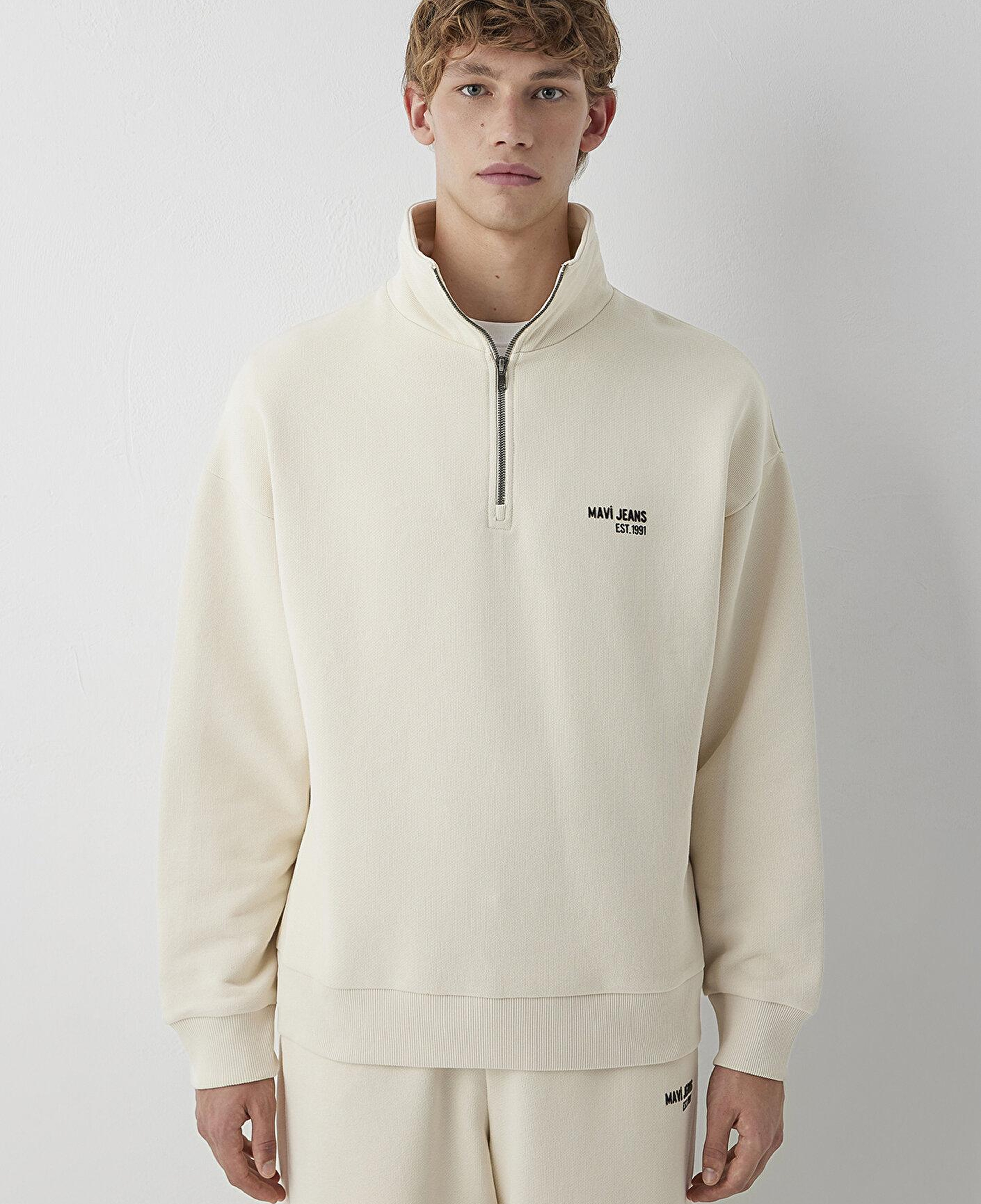 Mavi Mavi Logo Baskılı Yarı Fermuarlı Bej Sweatshirt 0S10678-70072