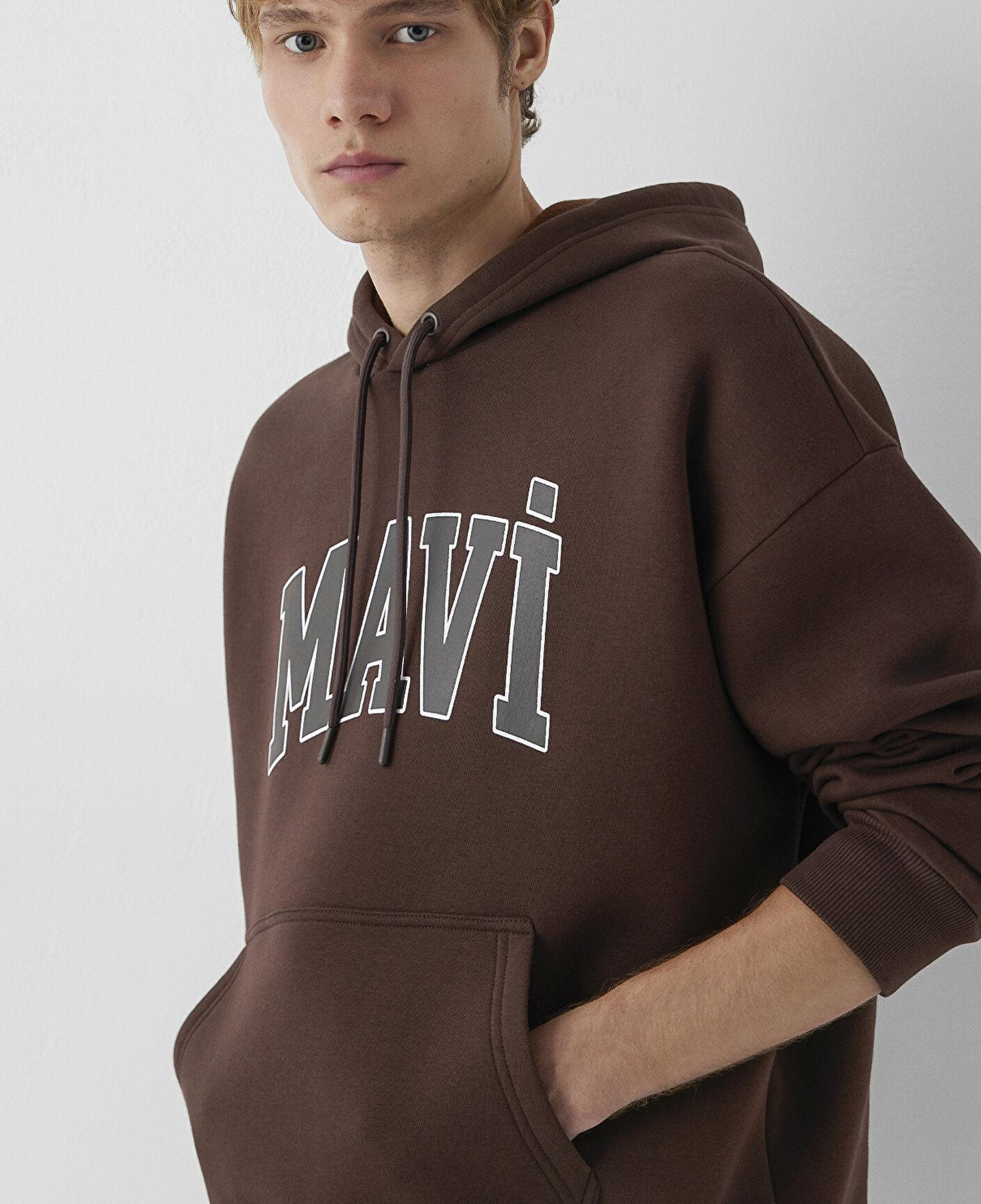 Mavi Mavi Logo Baskılı Kapüşonlu Kahverengi Sweatshirt 067149-88062