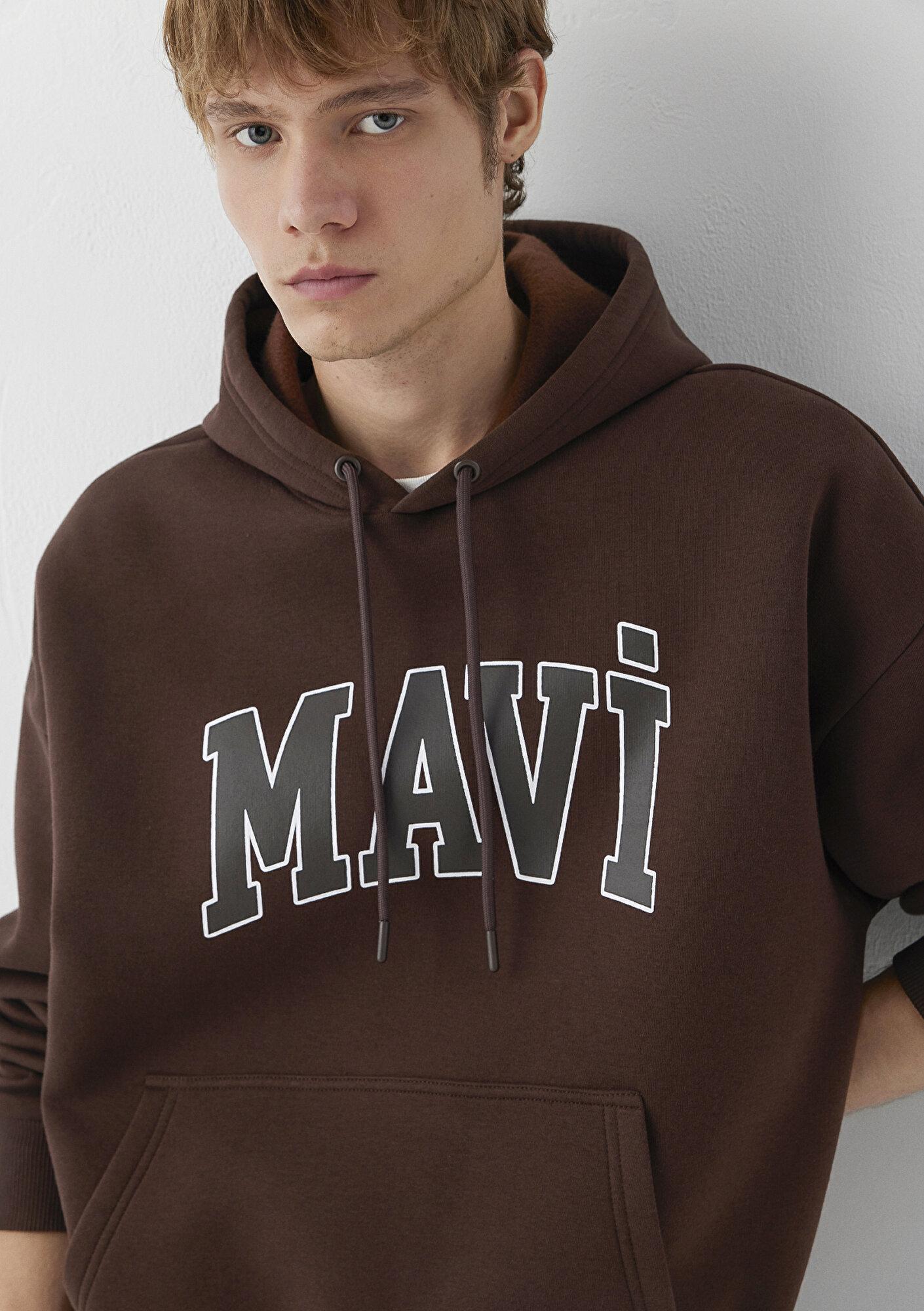 Mavi Mavi Logo Baskılı Kapüşonlu Kahverengi Sweatshirt 067149-88062