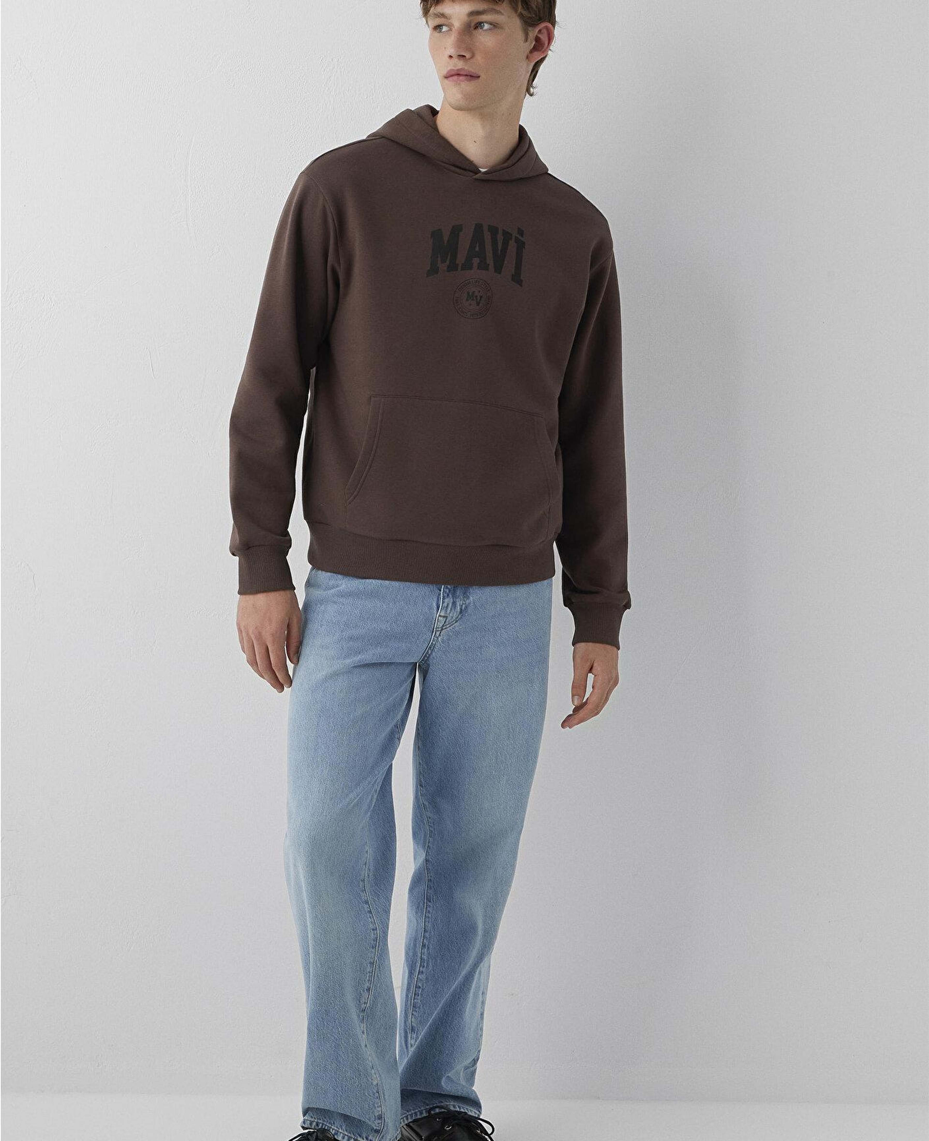 Mavi Mavi Logo Baskılı Kapüşonlu Kahverengi Sweatshirt 0S10646-71603