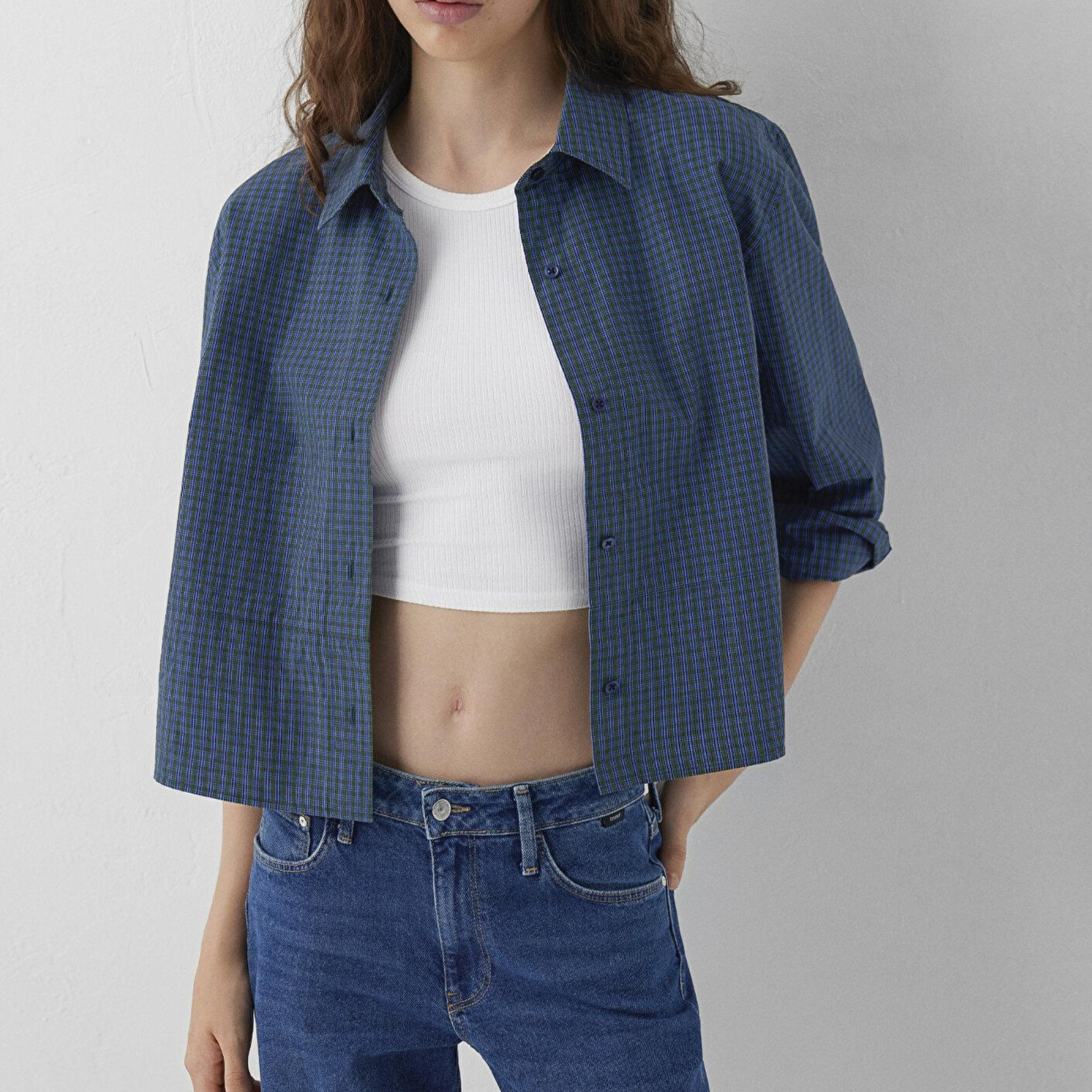 Mavi Kareli Gömlek Loose Fit / Bol Rahat Kesim 1211401-A6878