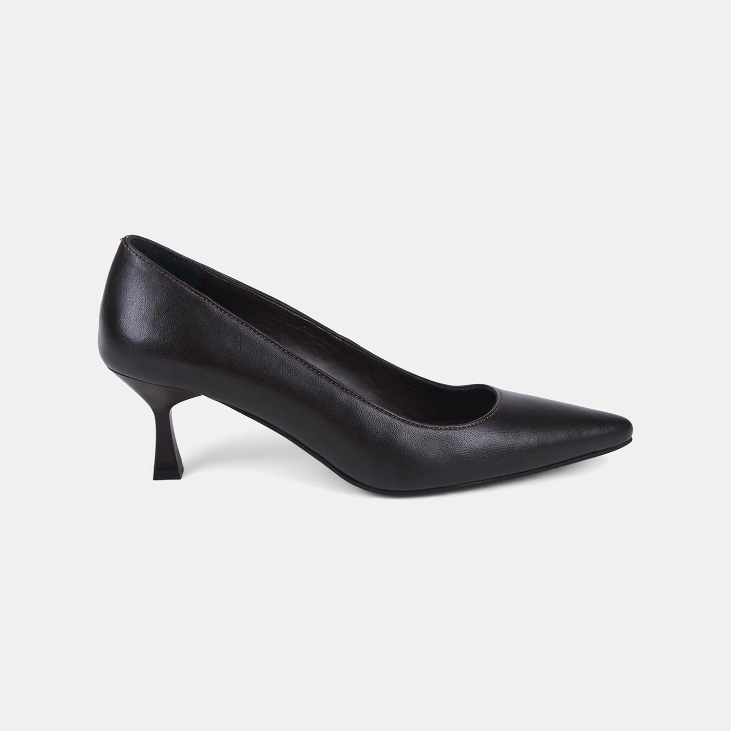 Kadın Koyu Kahve Sivri Burunlu Kısa Topuklu Deri Stiletto