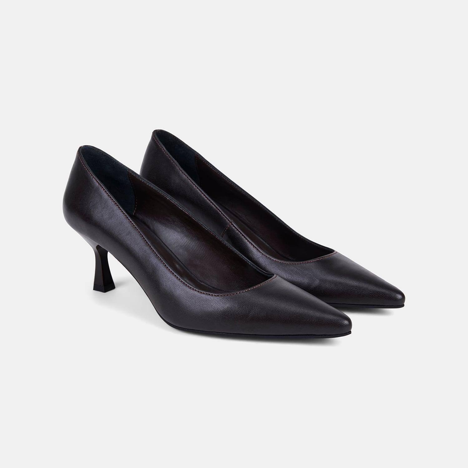 Kadın Koyu Kahve Sivri Burunlu Kısa Topuklu Deri Stiletto