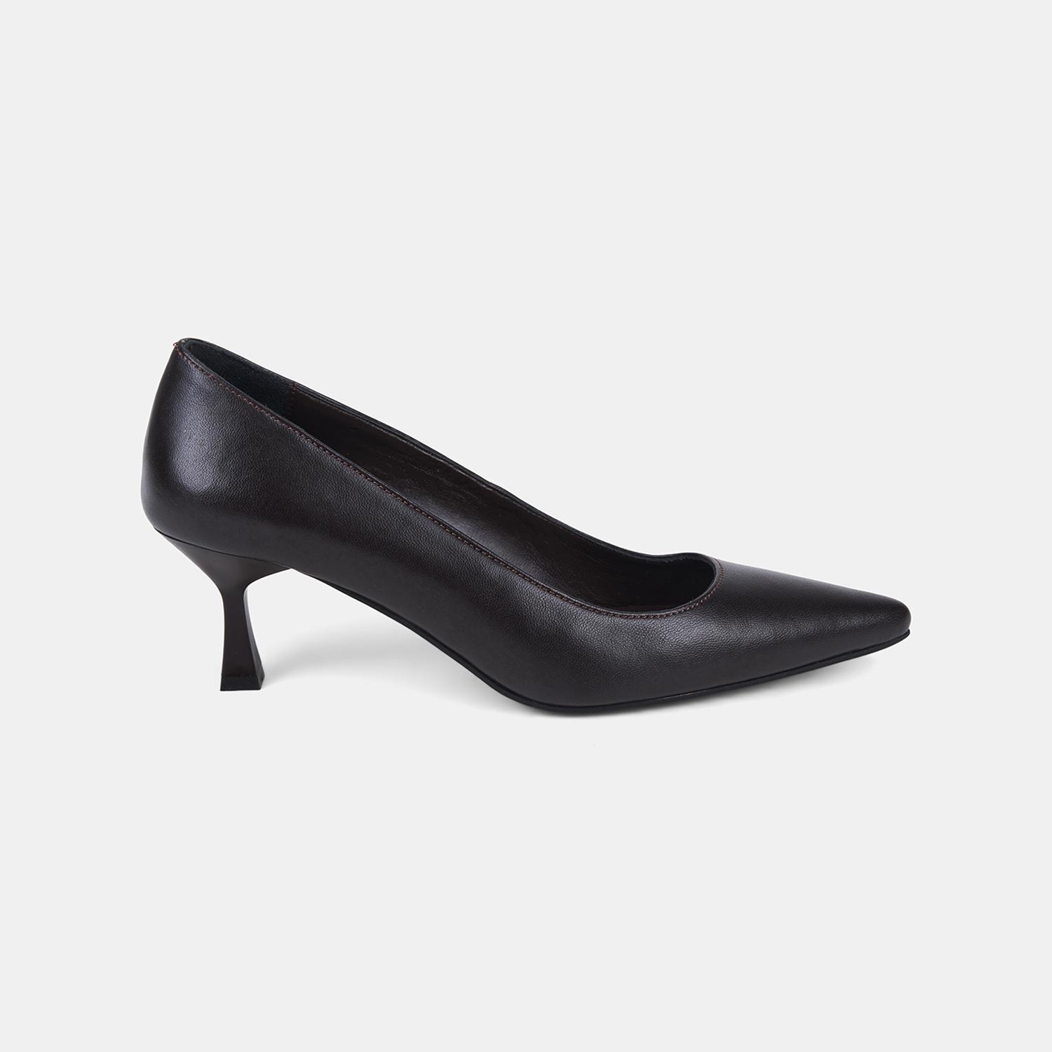 Kadın Koyu Kahve Sivri Burunlu Kısa Topuklu Deri Stiletto
