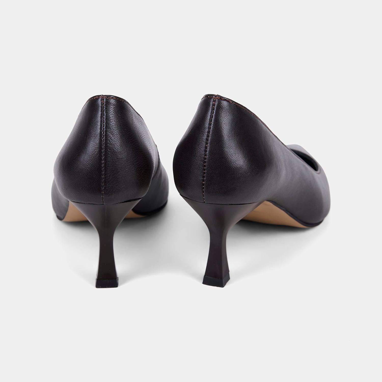 Kadın Koyu Kahve Sivri Burunlu Kısa Topuklu Deri Stiletto