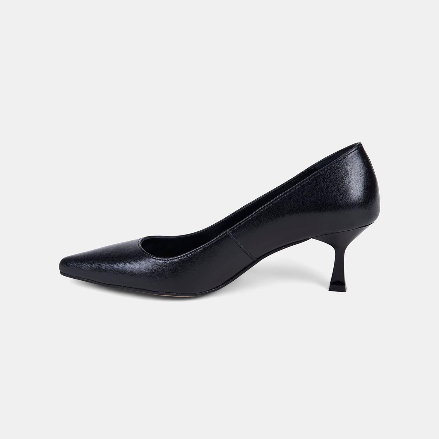 Kadın Siyah Sivri Burunlu Kısa Topuklu Deri Stiletto