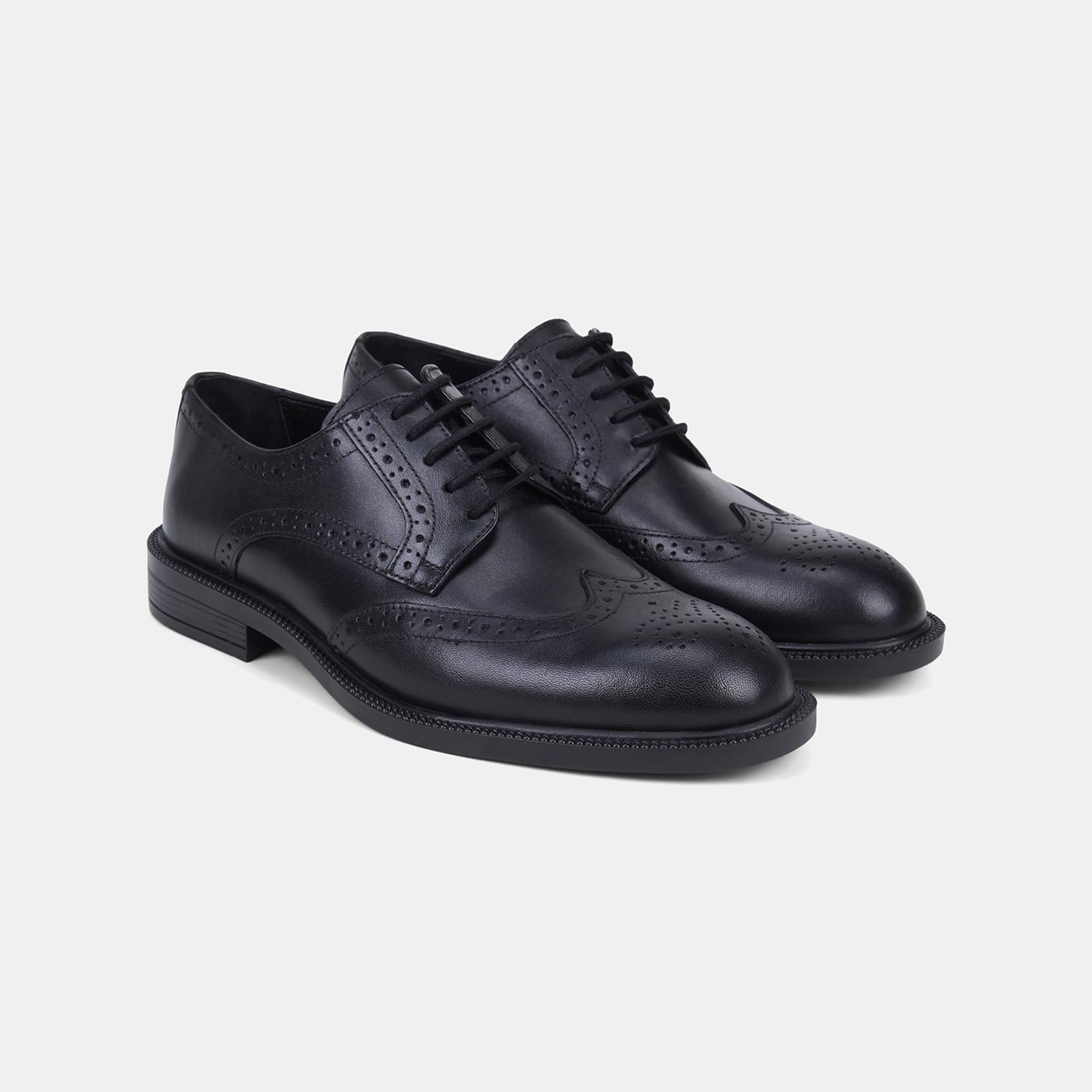 Erkek Siyah Brogue Detaylı Deri Klasik Ayakkabı