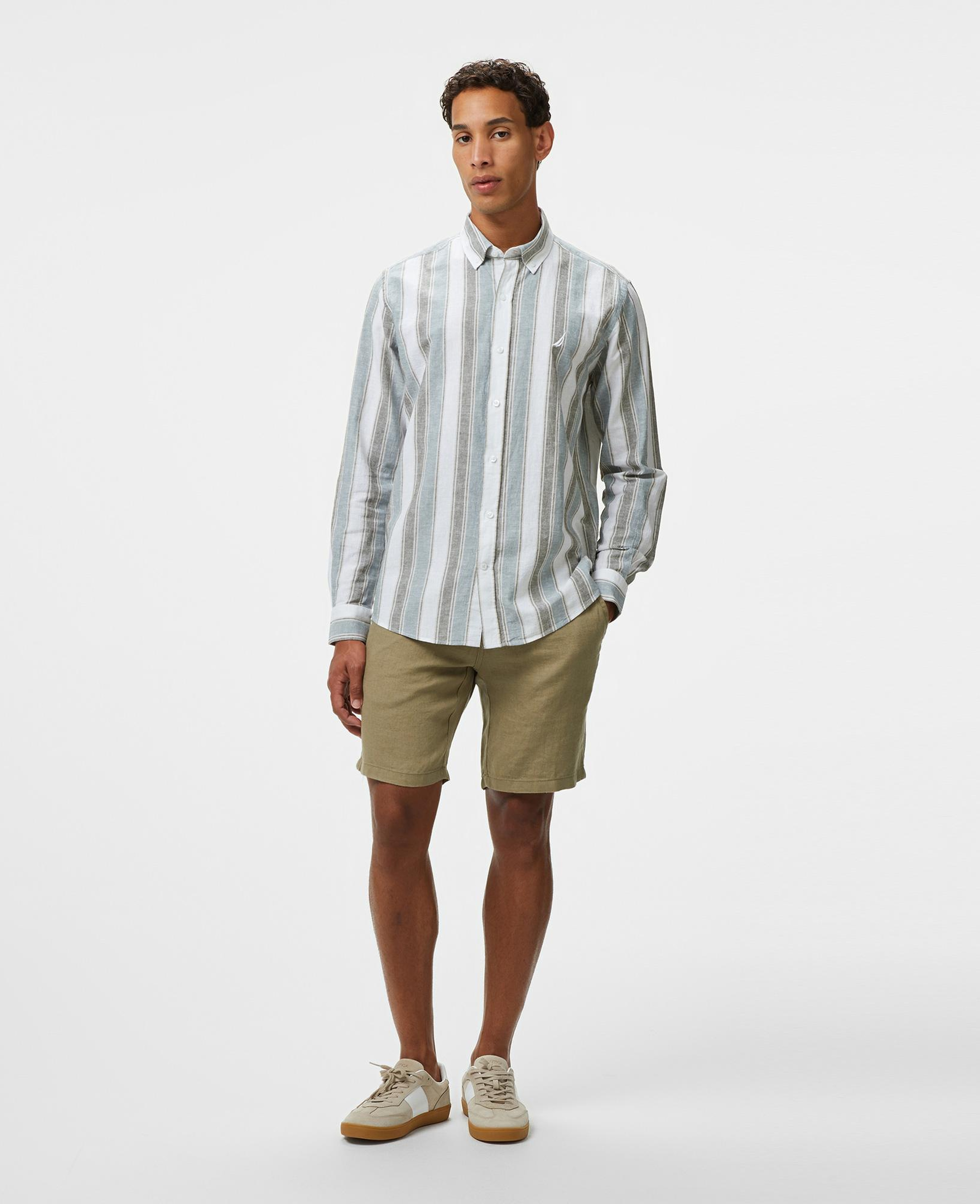 Nautica Erkek Yeşil Classic Fit Çizgili Keten Karışımlı Gömlek