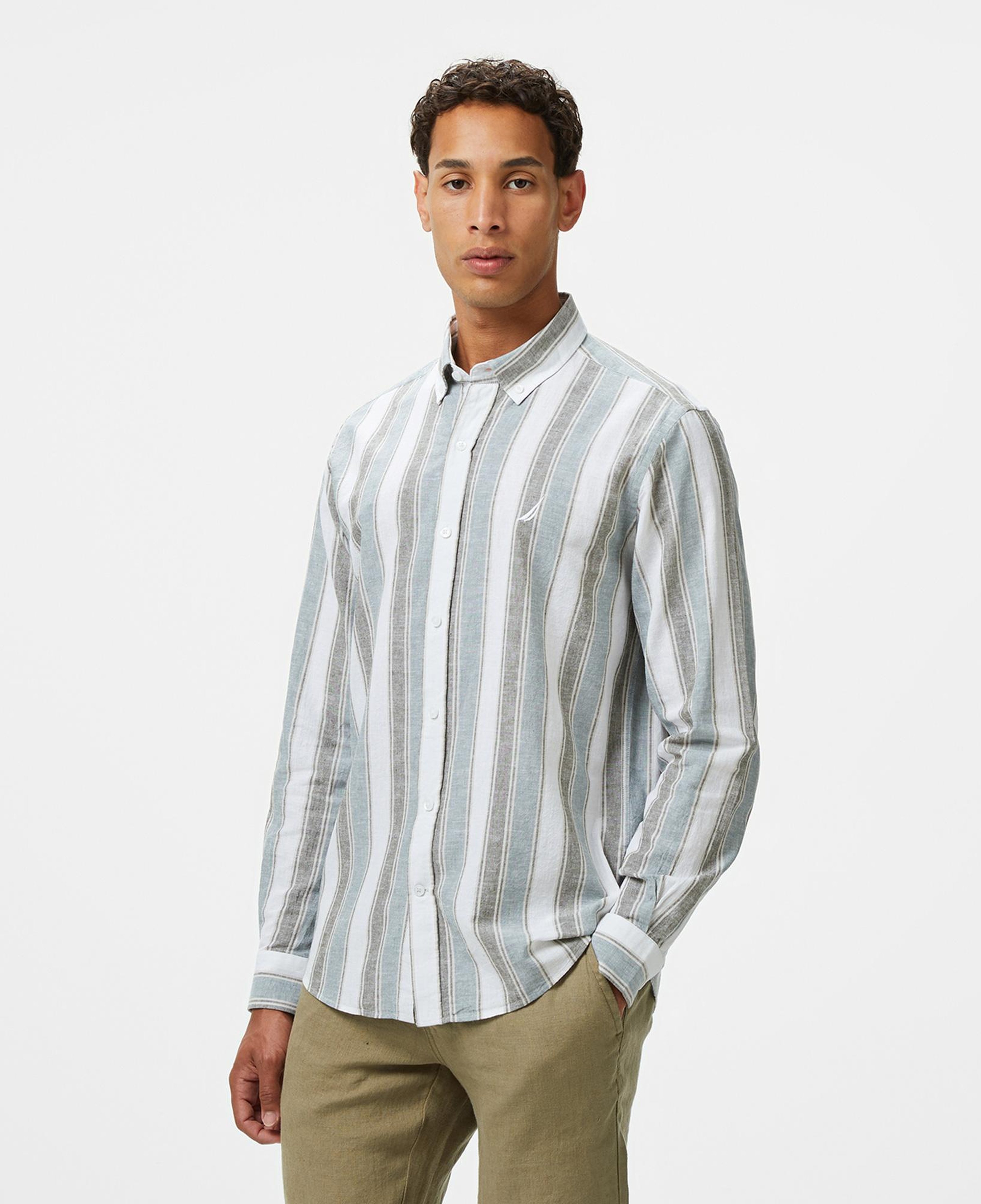 Nautica Erkek Yeşil Classic Fit Çizgili Keten Karışımlı Gömlek