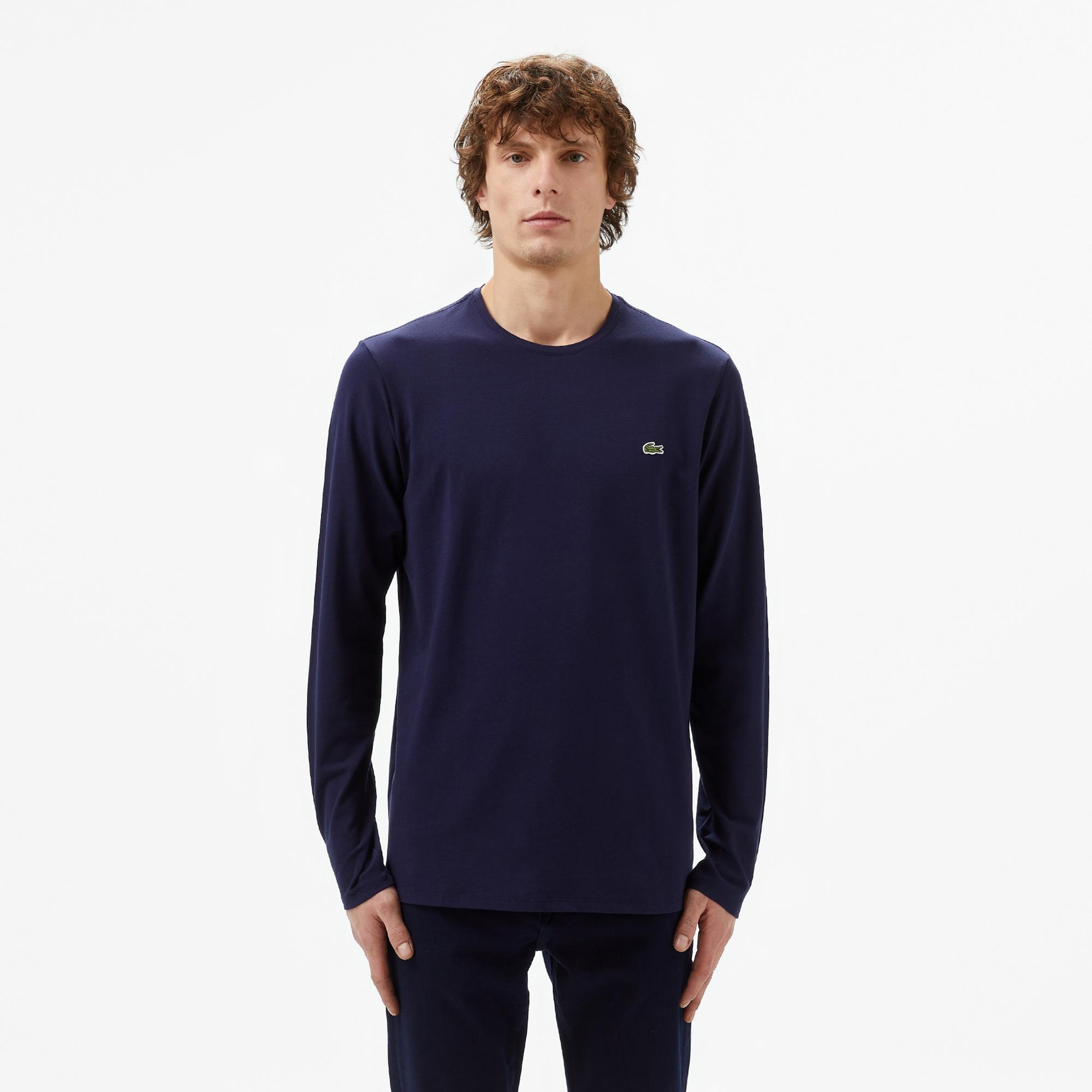 Erkek Slim Fit Uzun Kollu Bisiklet Yaka Lacivert T-Shirt