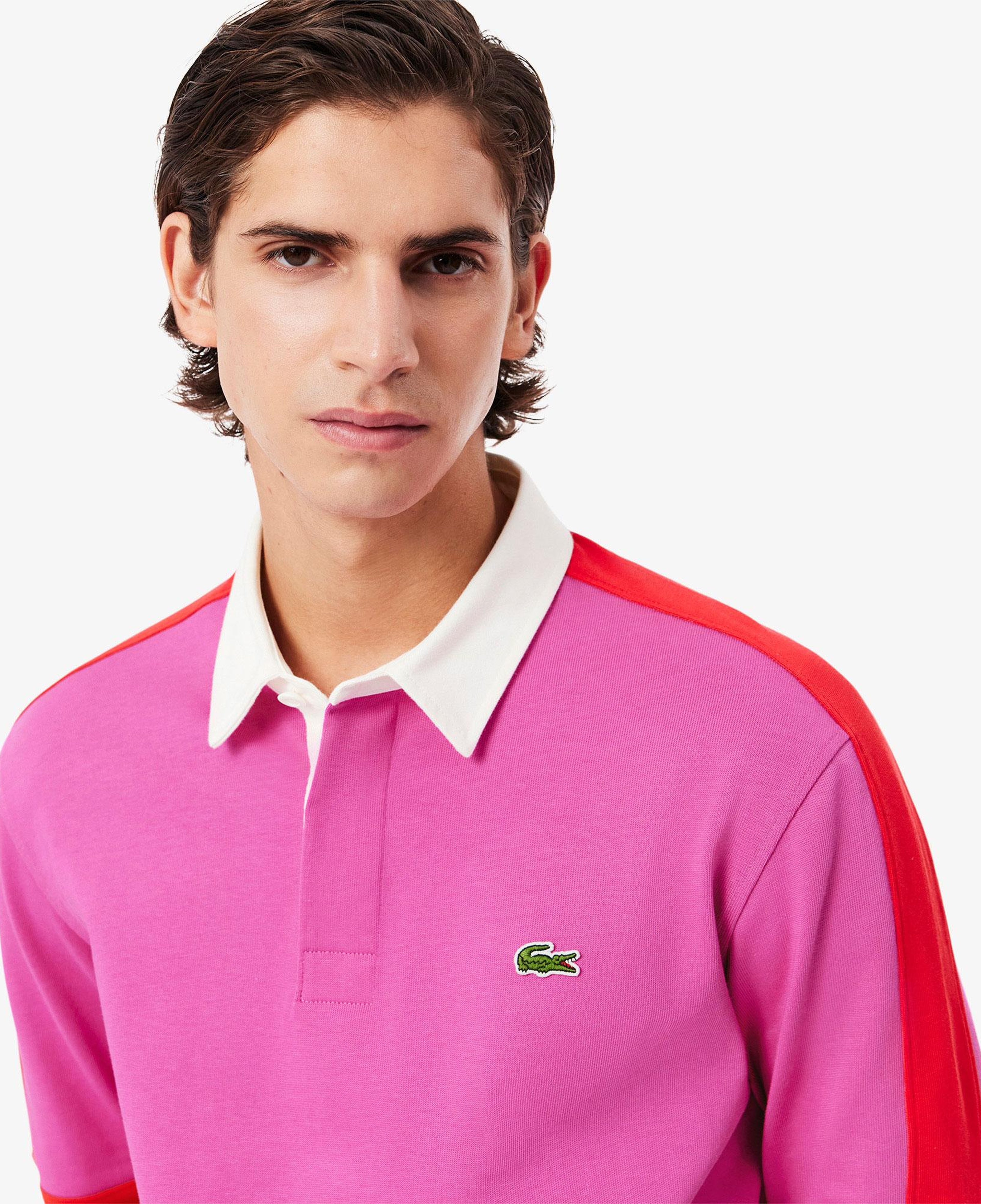 Erkek Classic Fit Uzun Kollu Polo Yaka Renk Bloklu Pembe Rugby Polo
