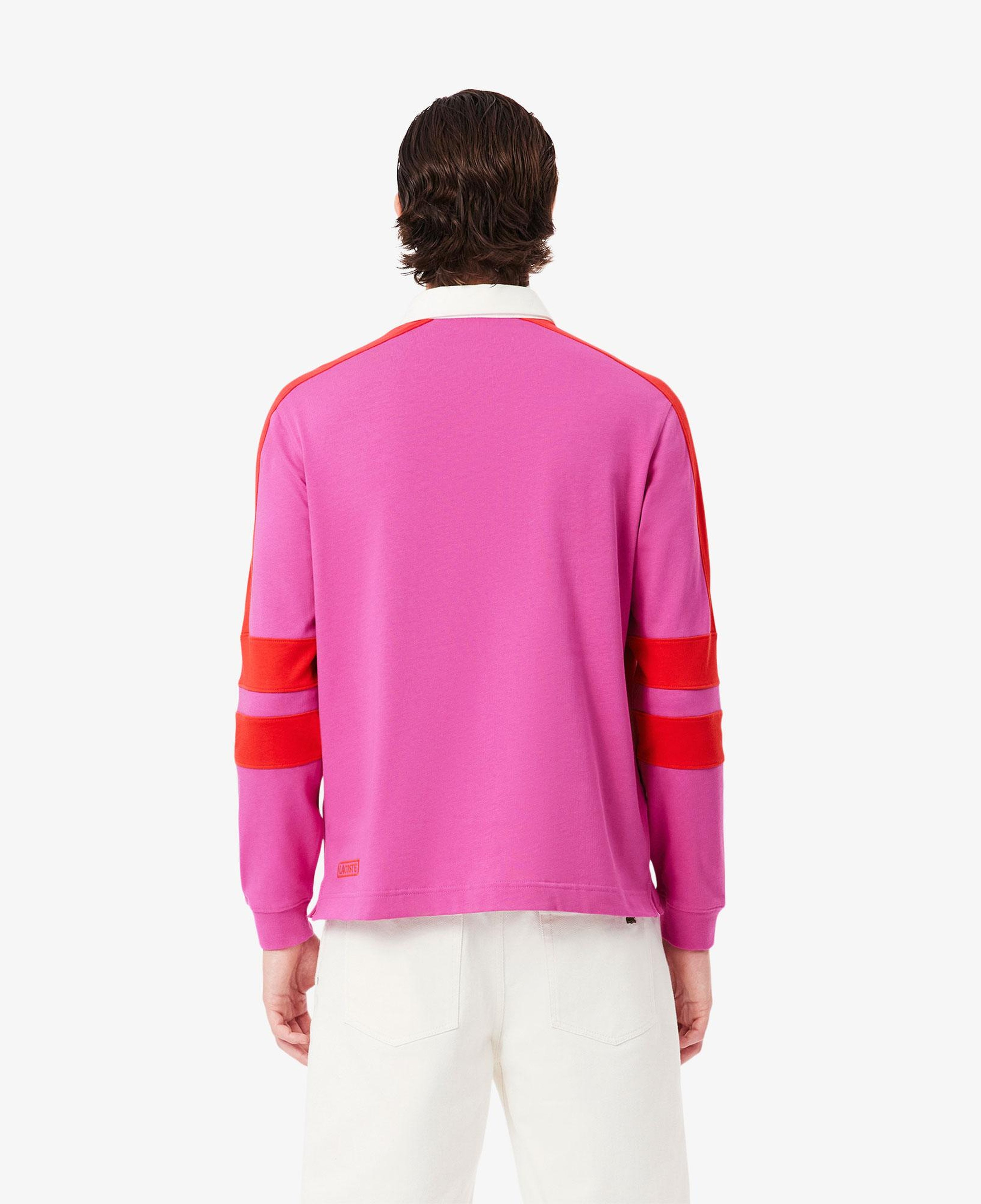 Erkek Classic Fit Uzun Kollu Polo Yaka Renk Bloklu Pembe Rugby Polo