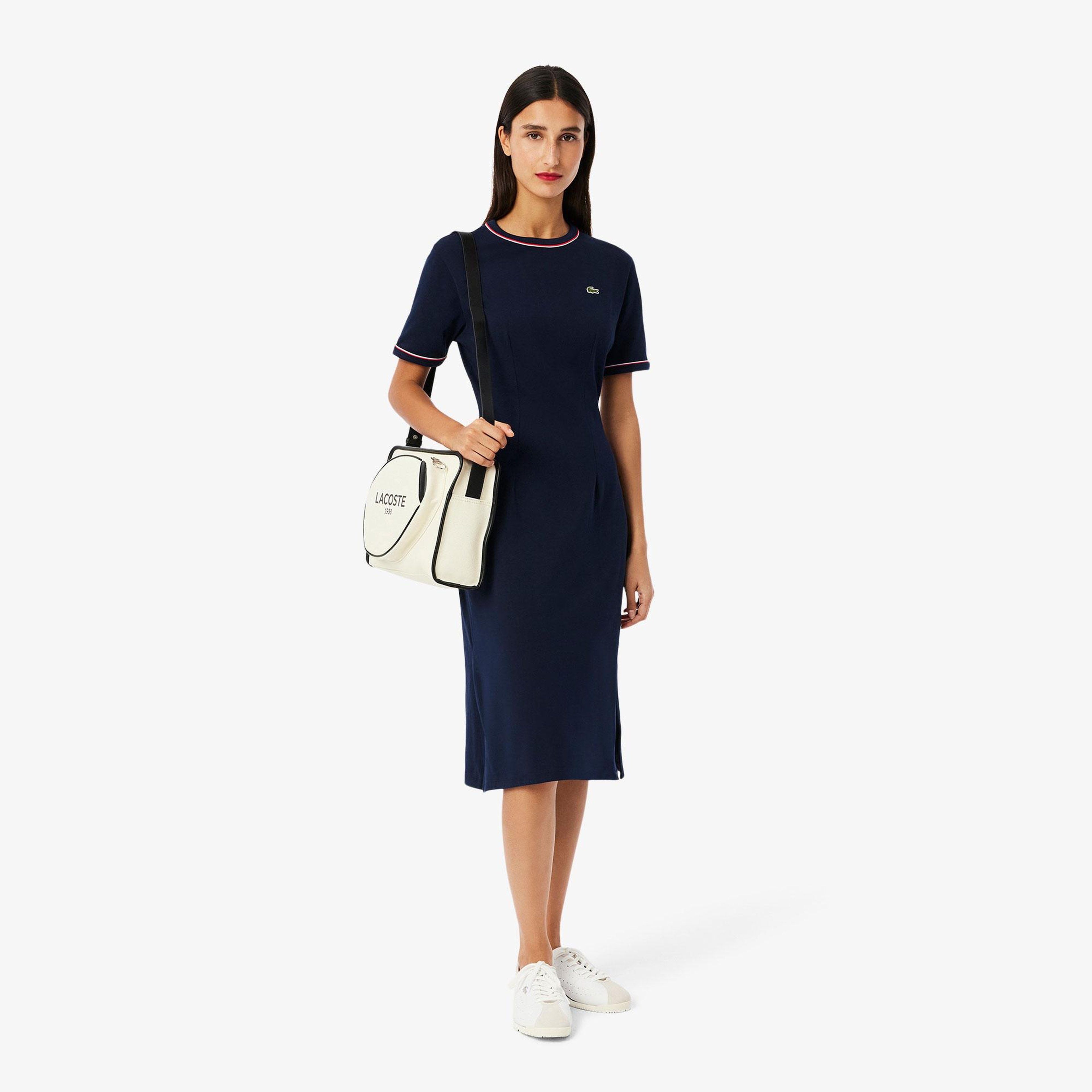 Kadın Flare Fit Kısa Kollu Bisiklet Yaka Lacivert Elbise