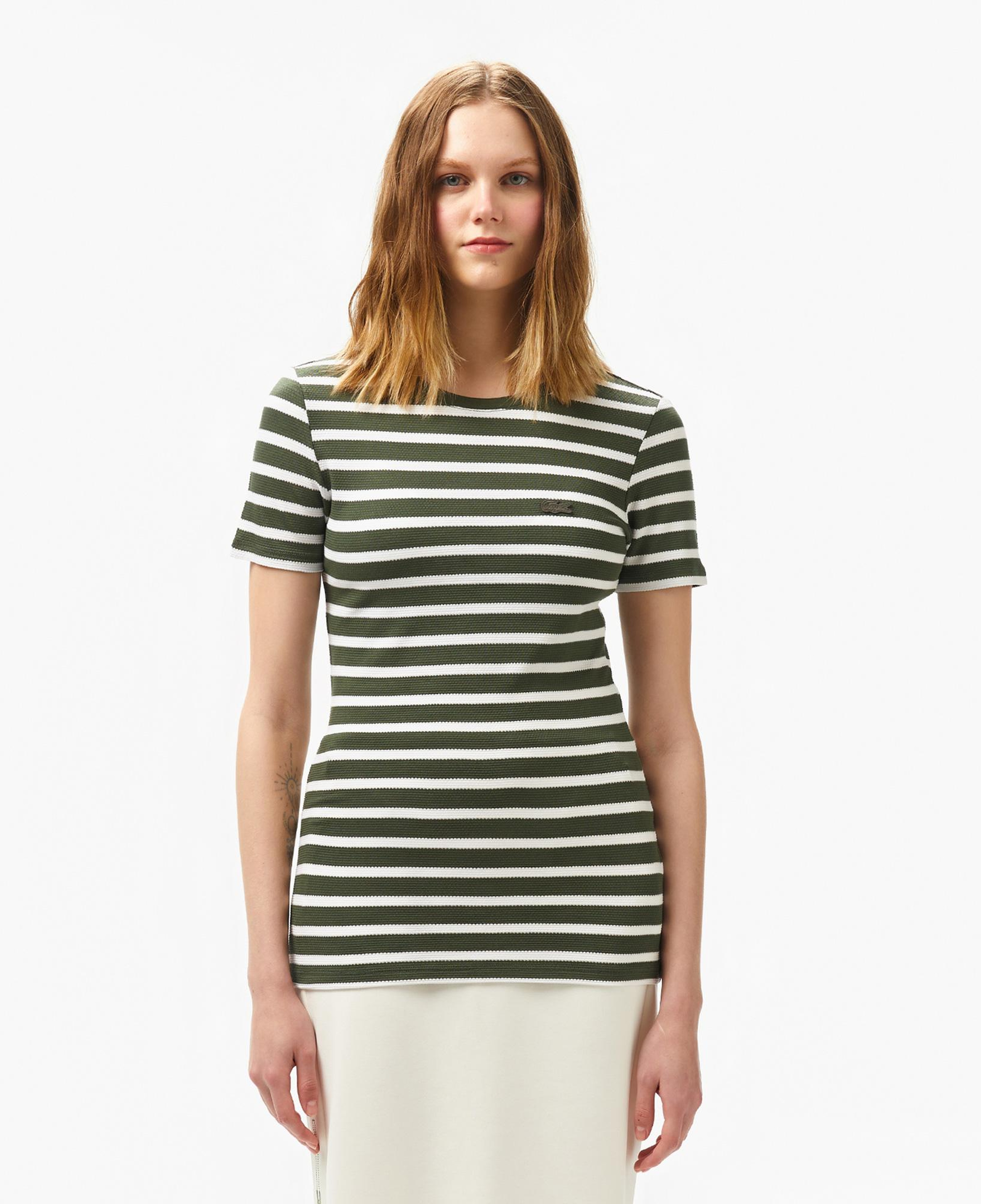 Kadın Slim Fit Bisiklet Yaka Çizgili Koyu Yeşil T-Shirt