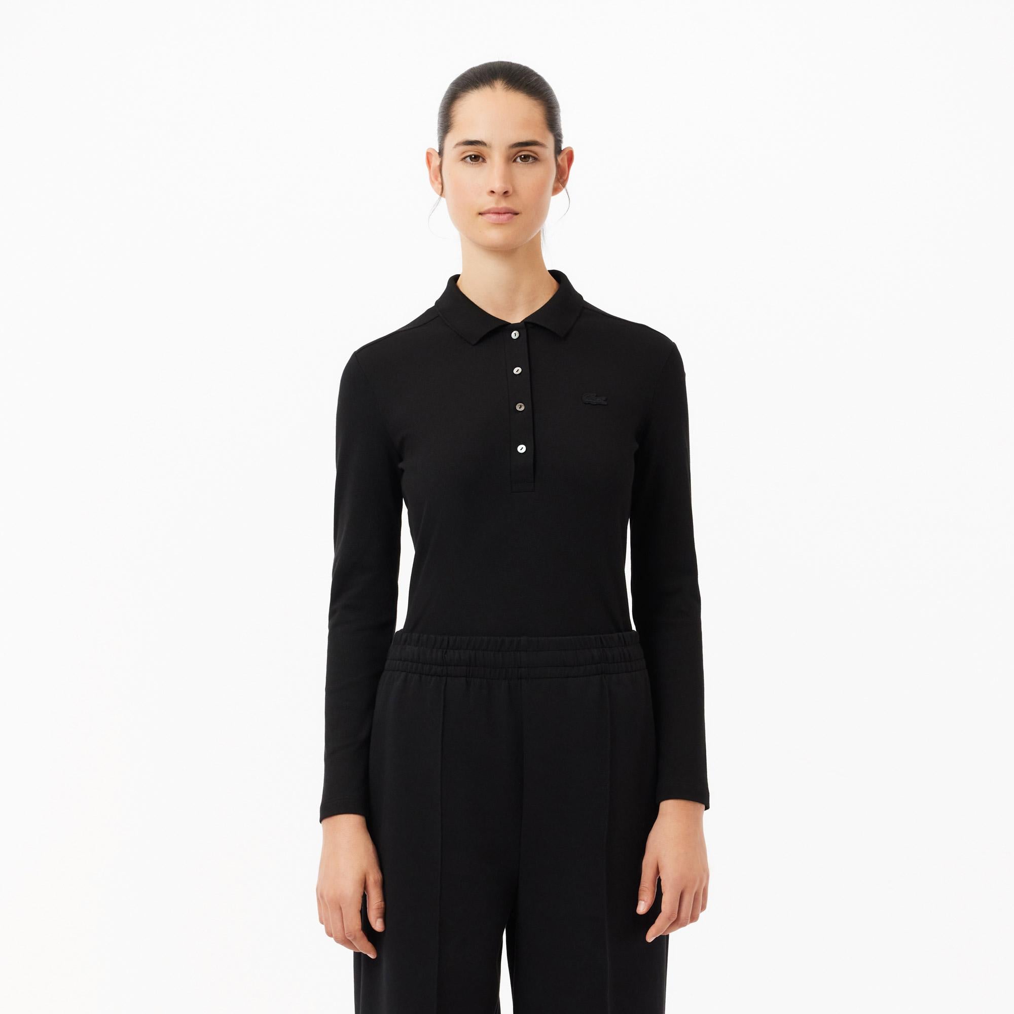 Lacoste Kadın Slim Fit Uzun Kollu Siyah Polo