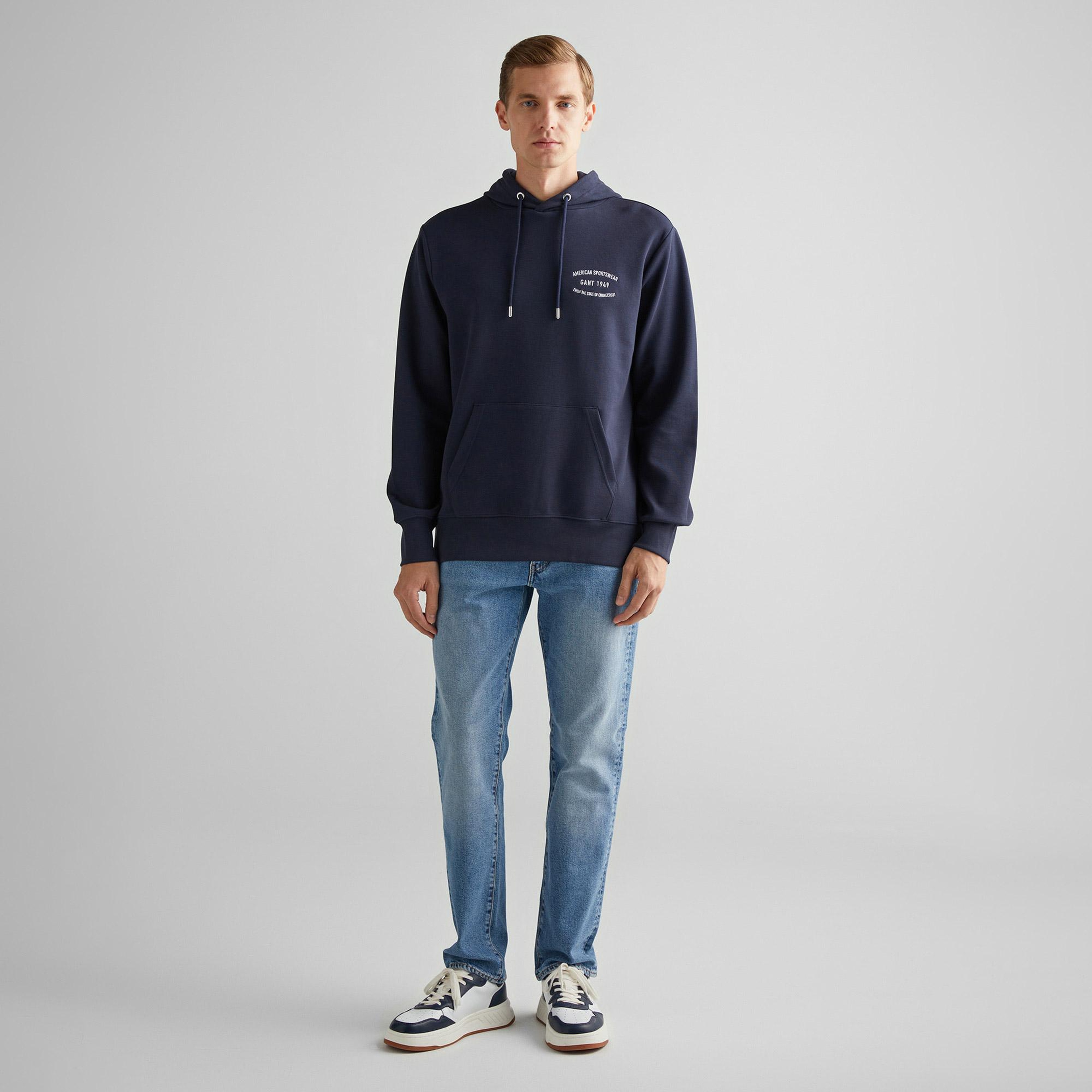 GANT Erkek Lacivert Regular Fit Kapüşonlu Logolu Sweatshirt