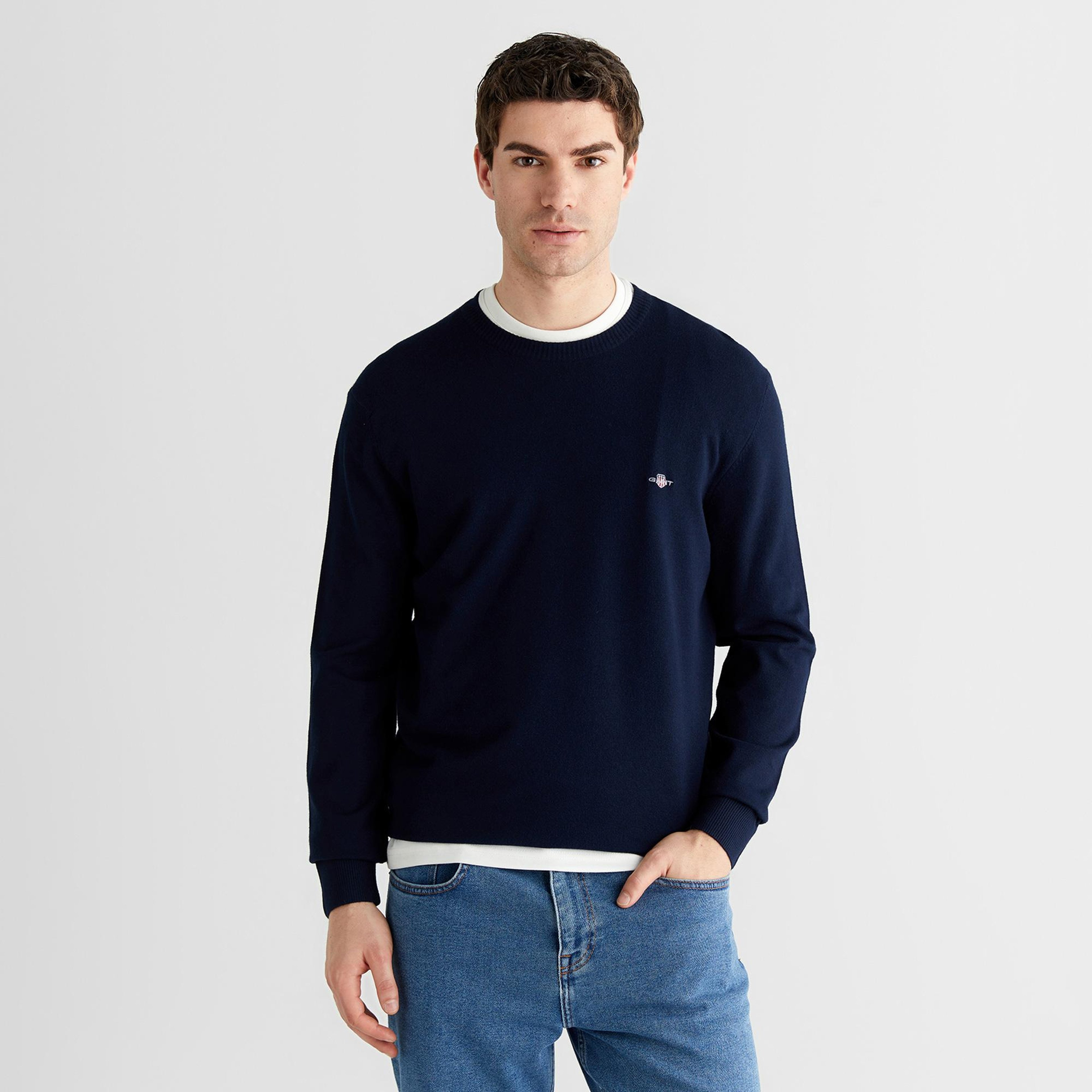 GANT Erkek Lacivert Standart Fit Bisiklet Yaka Triko