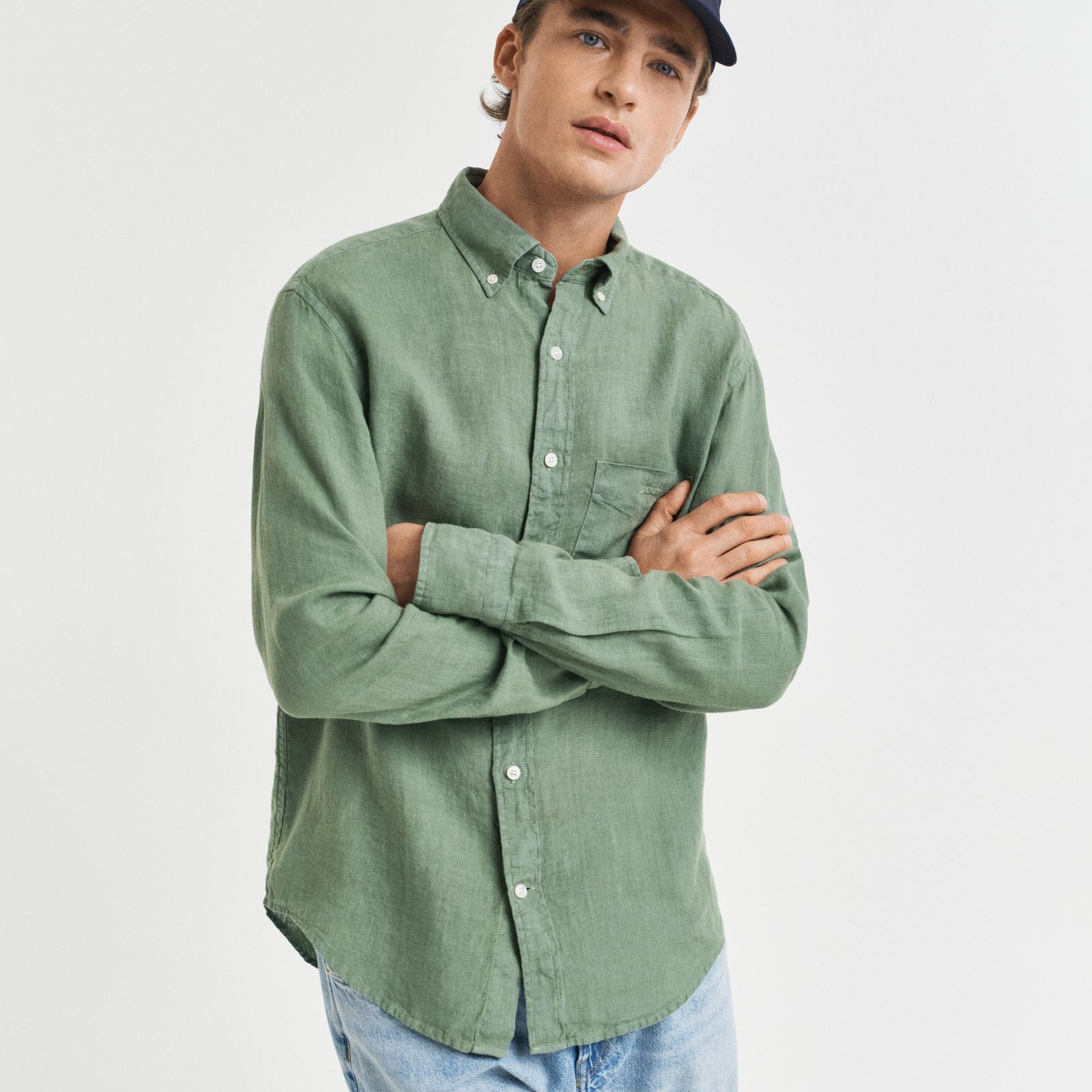 GANT Erkek Yeşil Regular Fit Düğmeli Yaka Keten Gömlek