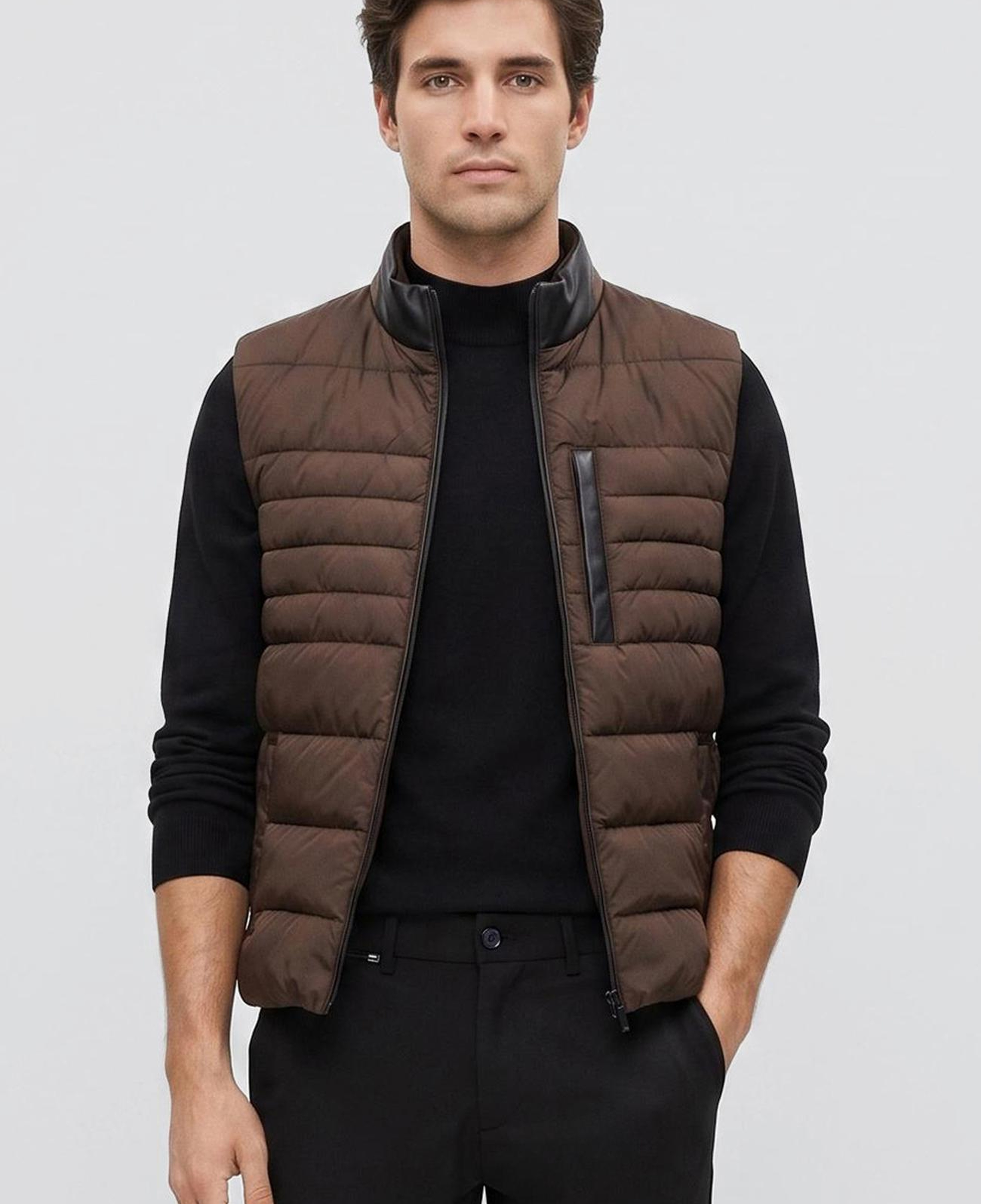 Network Erkek Kahverengi Dik Yaka Puffer Casual Yelek