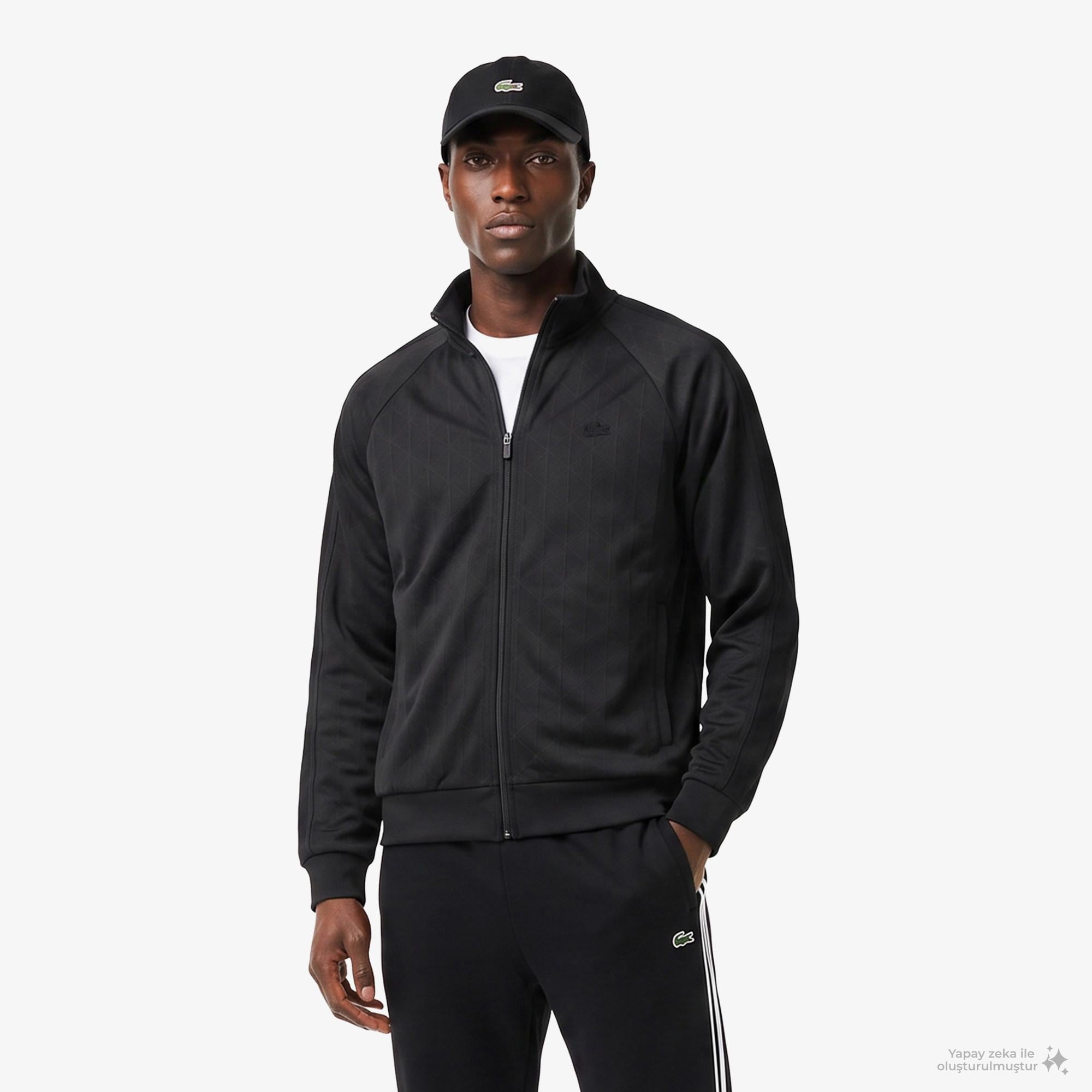 Erkek Regular Fit Fermuarlı Monogram Siyah Sweatshirt