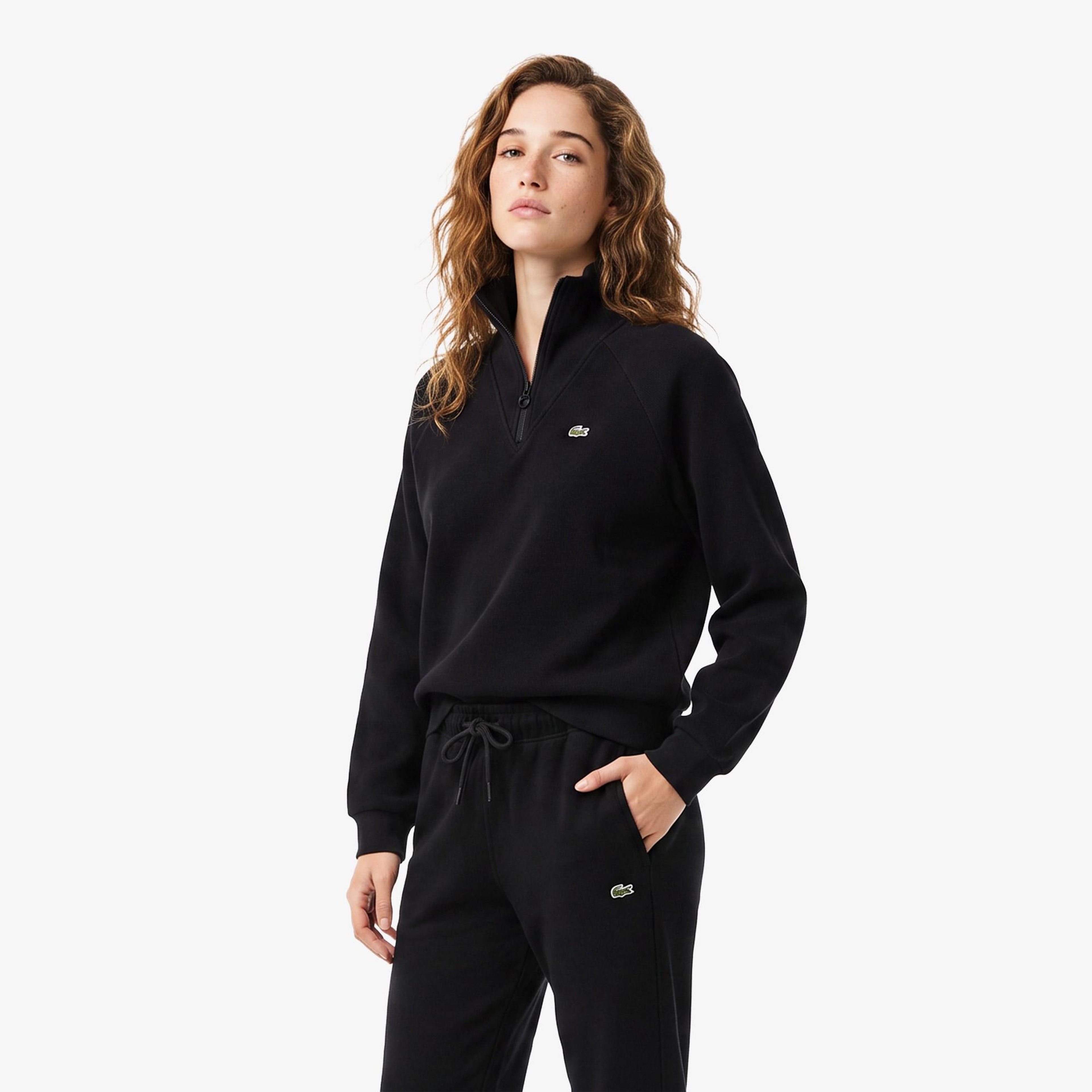 Kadın Regular Fit Yarım Fermuarlı Siyah Sweatshirt