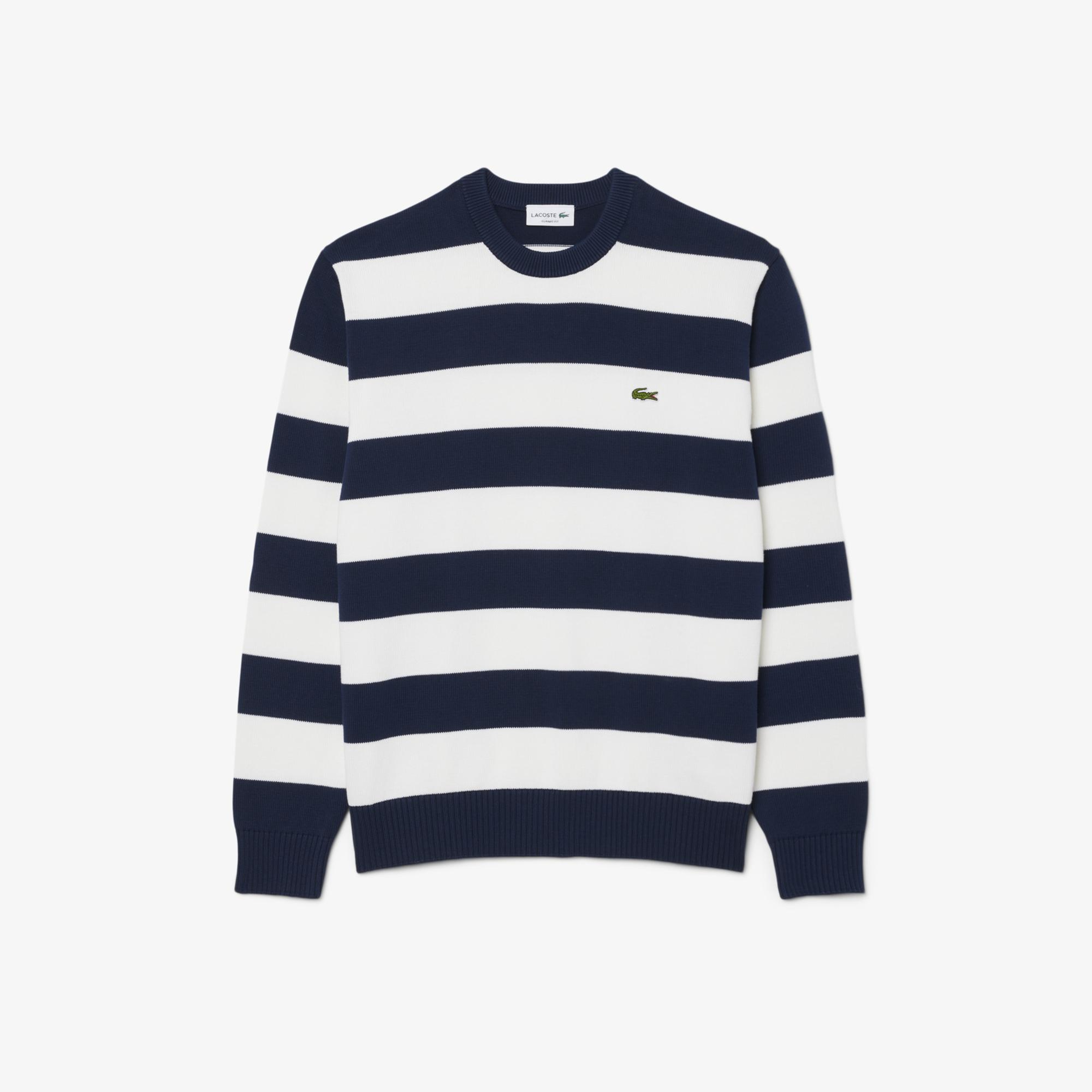 Erkek Classic Fit Bisiklet Yaka Çizgili Lacivert Kazak