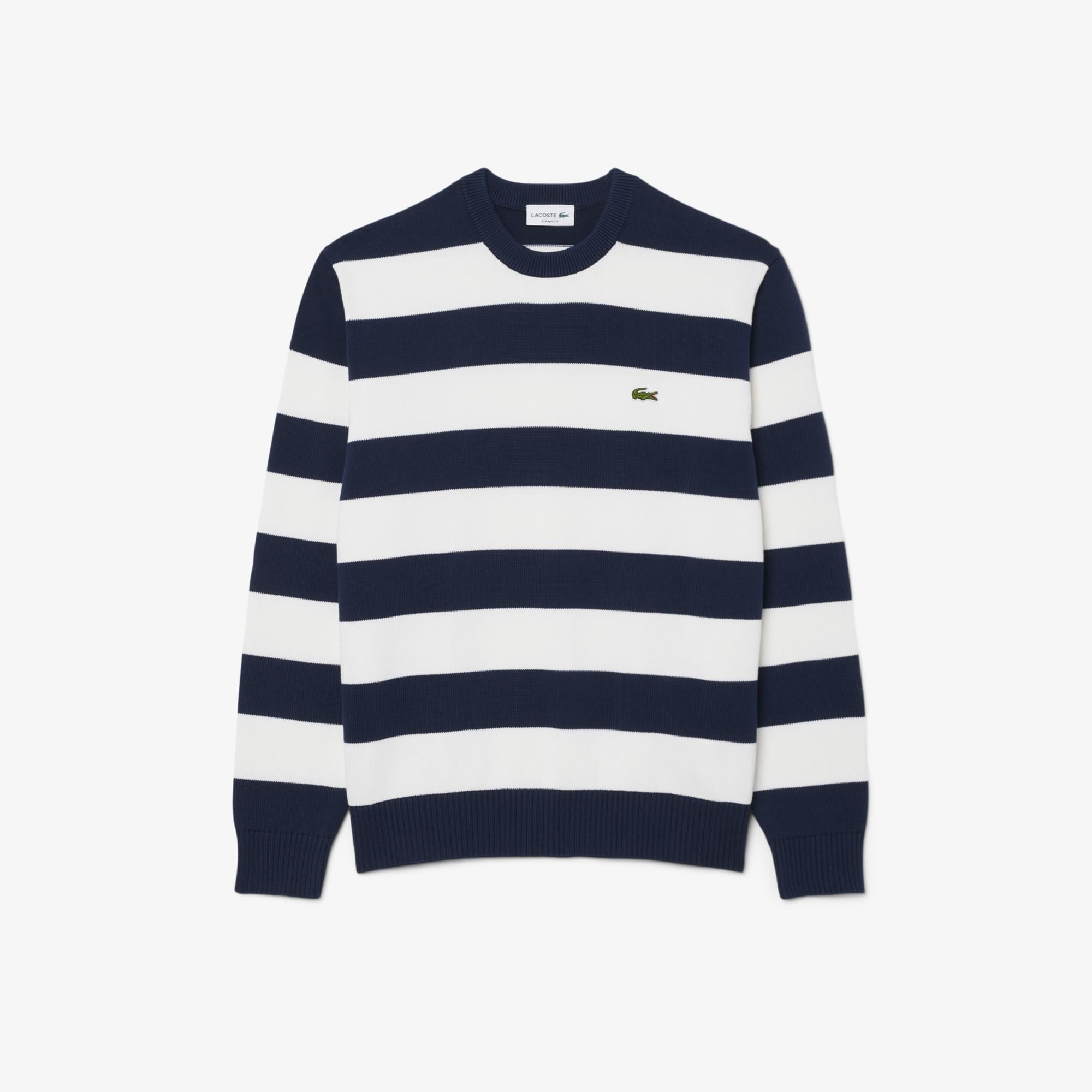 Erkek Classic Fit Bisiklet Yaka Çizgili Lacivert Kazak
