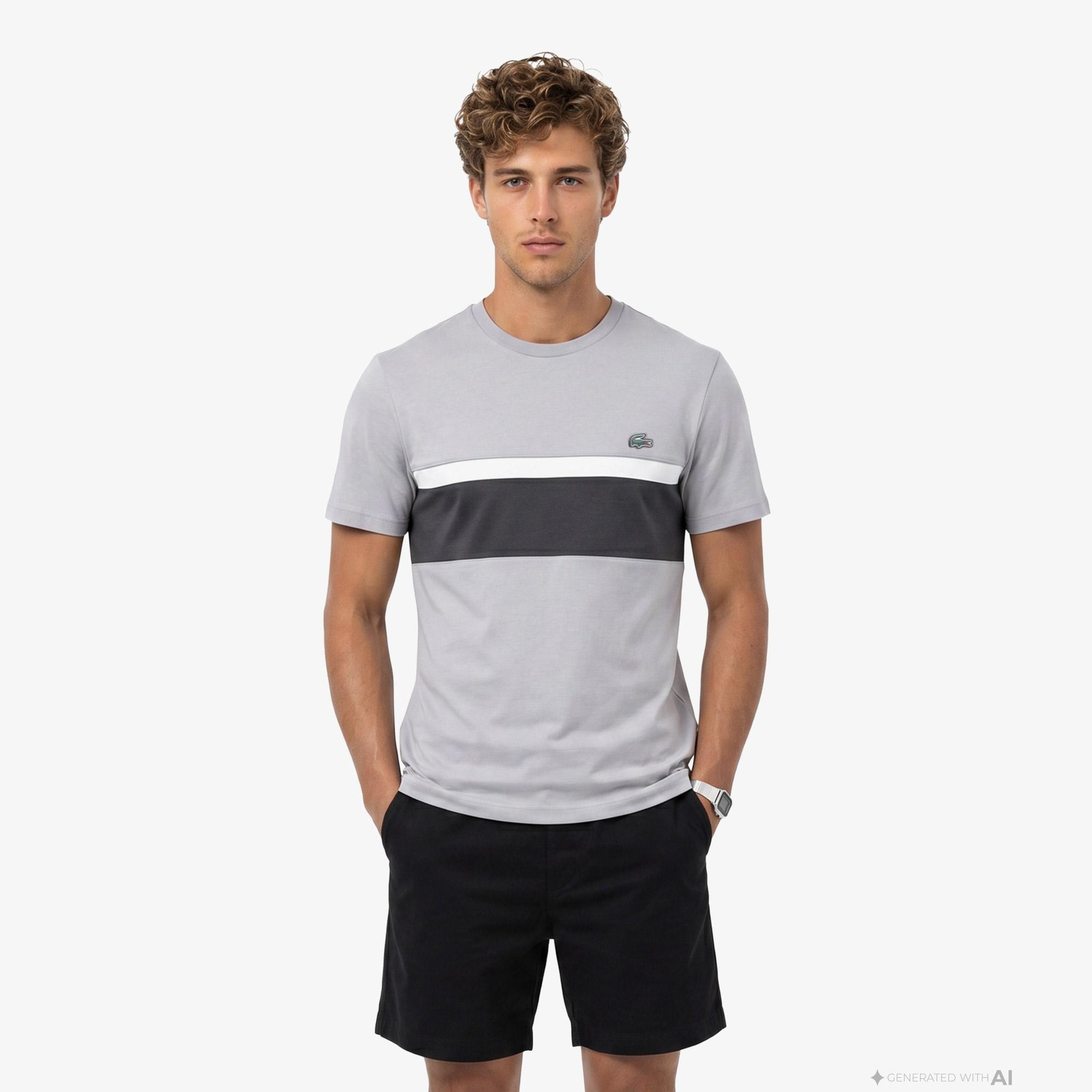 Erkek Regular Fit Bisiklet Yaka Renk Bloklu Gri T-Shirt