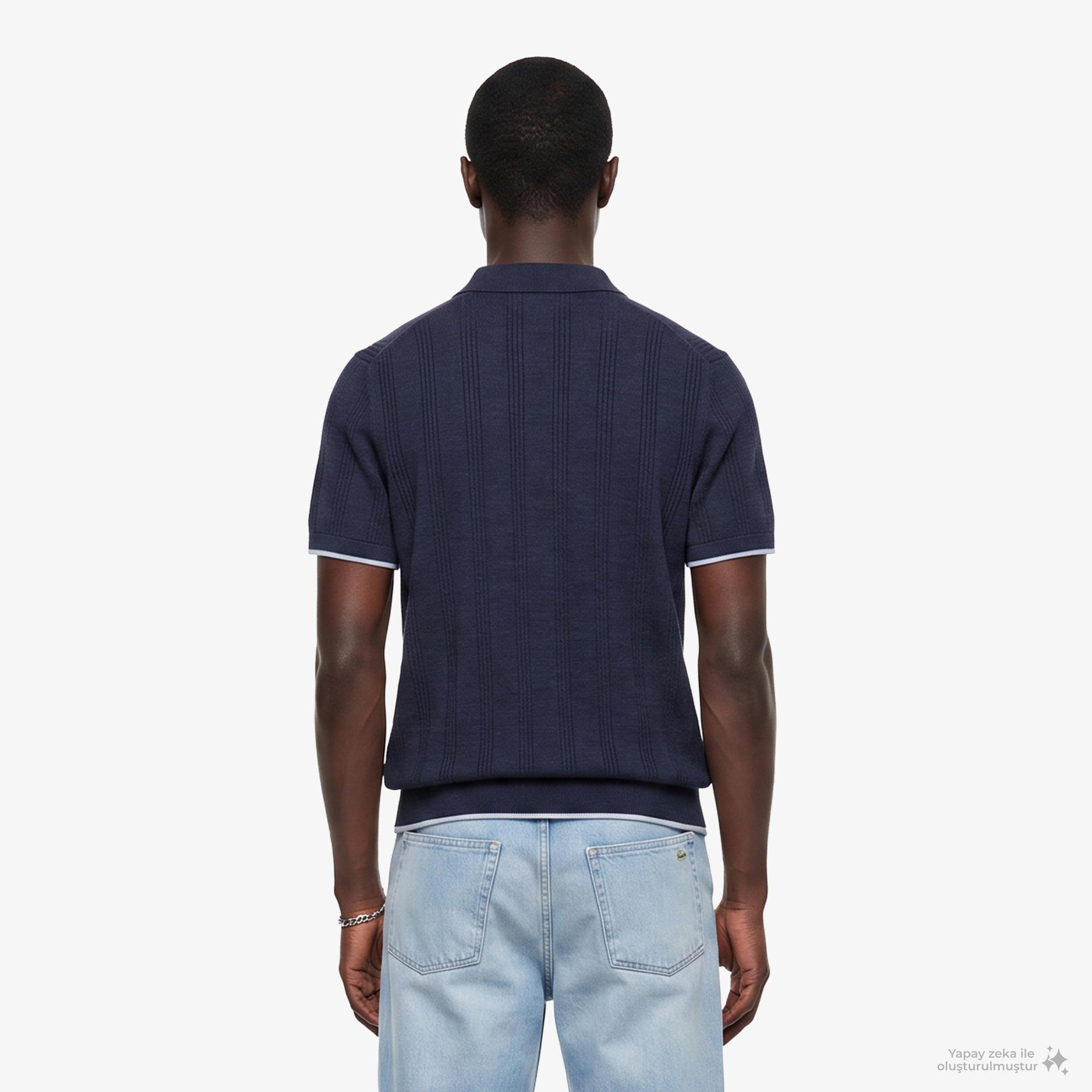 Erkek Regular Fit Kısa Kollu Polo Yaka Desenli Lacivert Triko