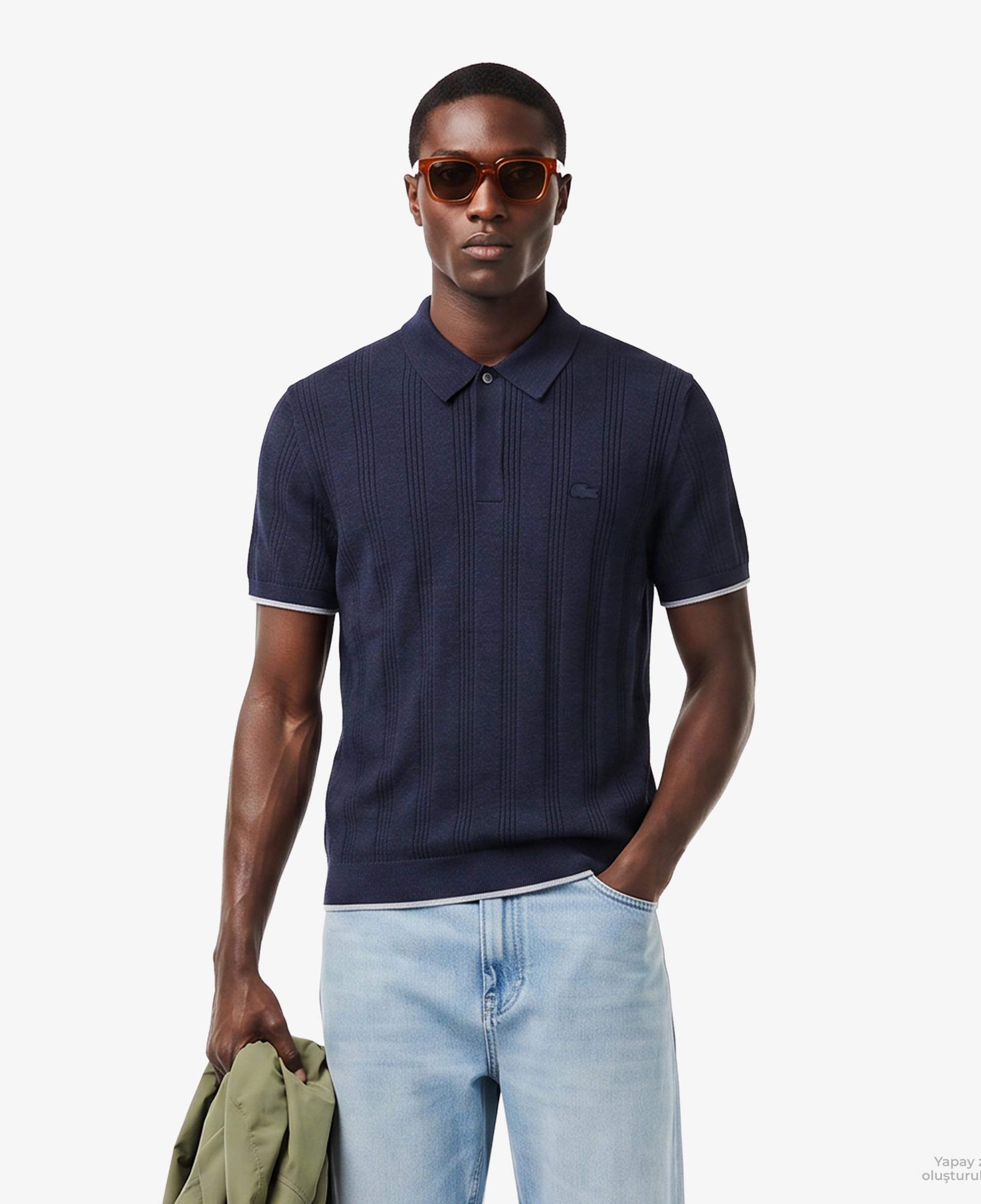 Erkek Regular Fit Kısa Kollu Polo Yaka Desenli Lacivert Triko