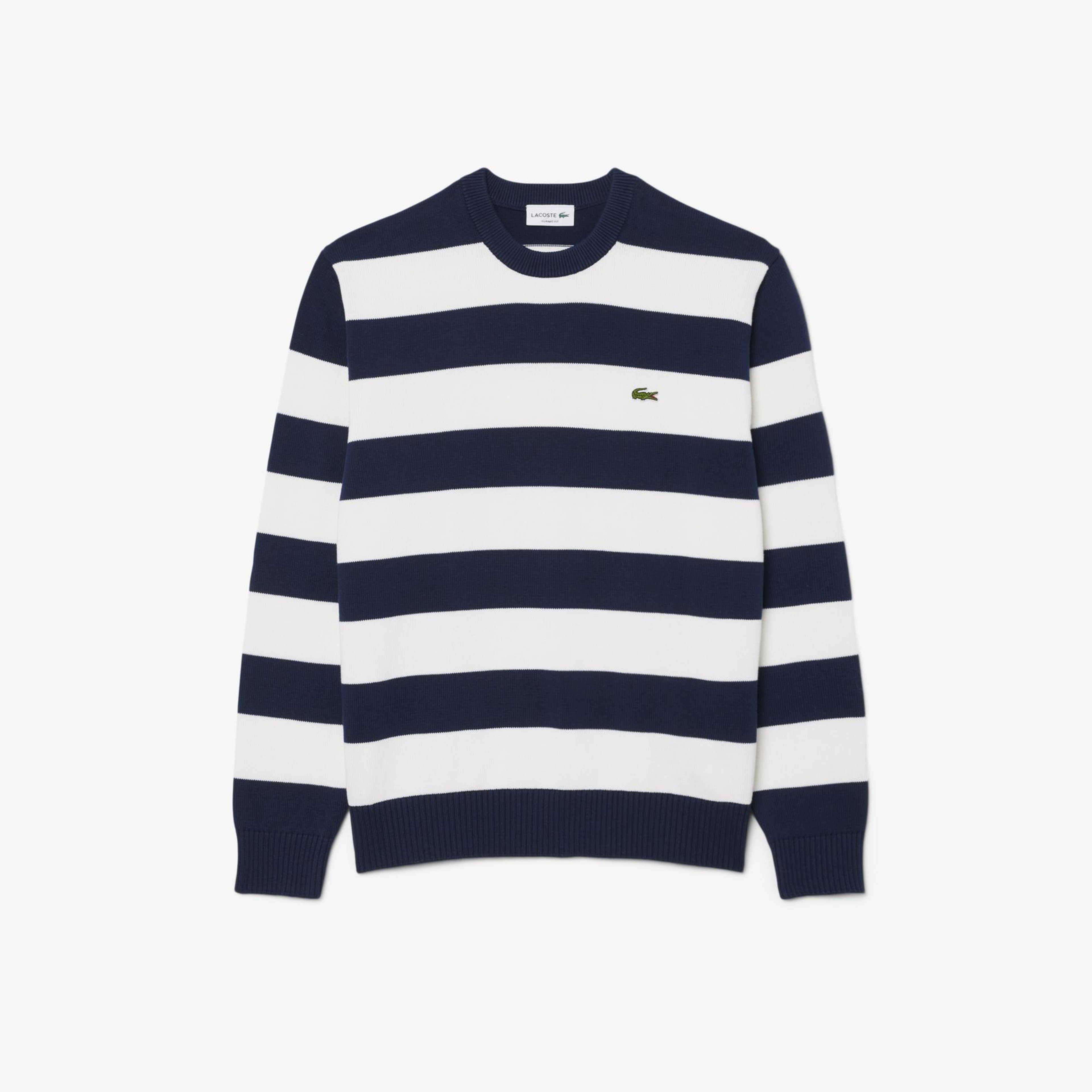 Erkek Classic Fit Bisiklet Yaka Çizgili Lacivert Kazak