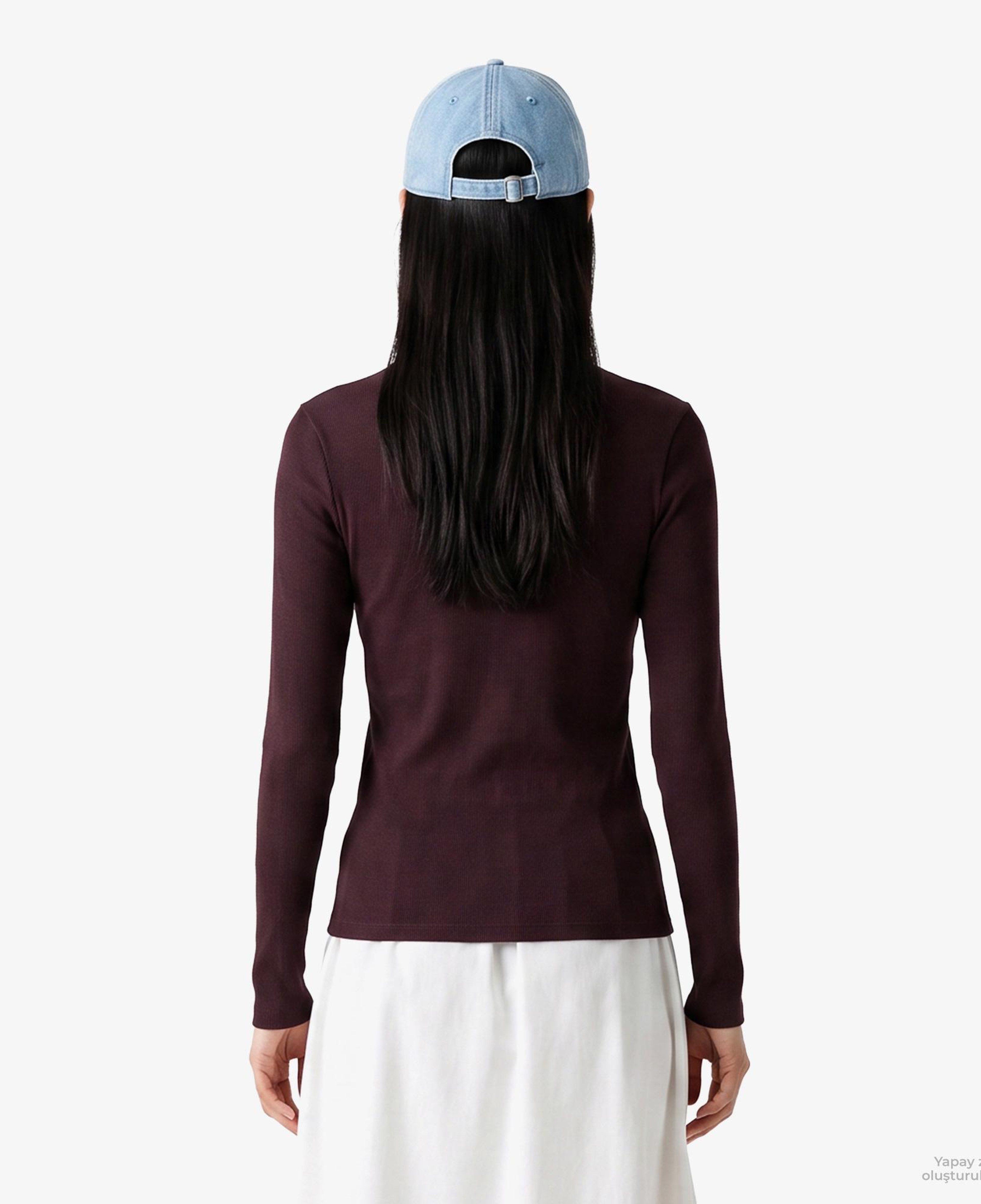Kadın Slim Fit Uzun Kollu Bisiklet Yaka Bordo T-Shirt