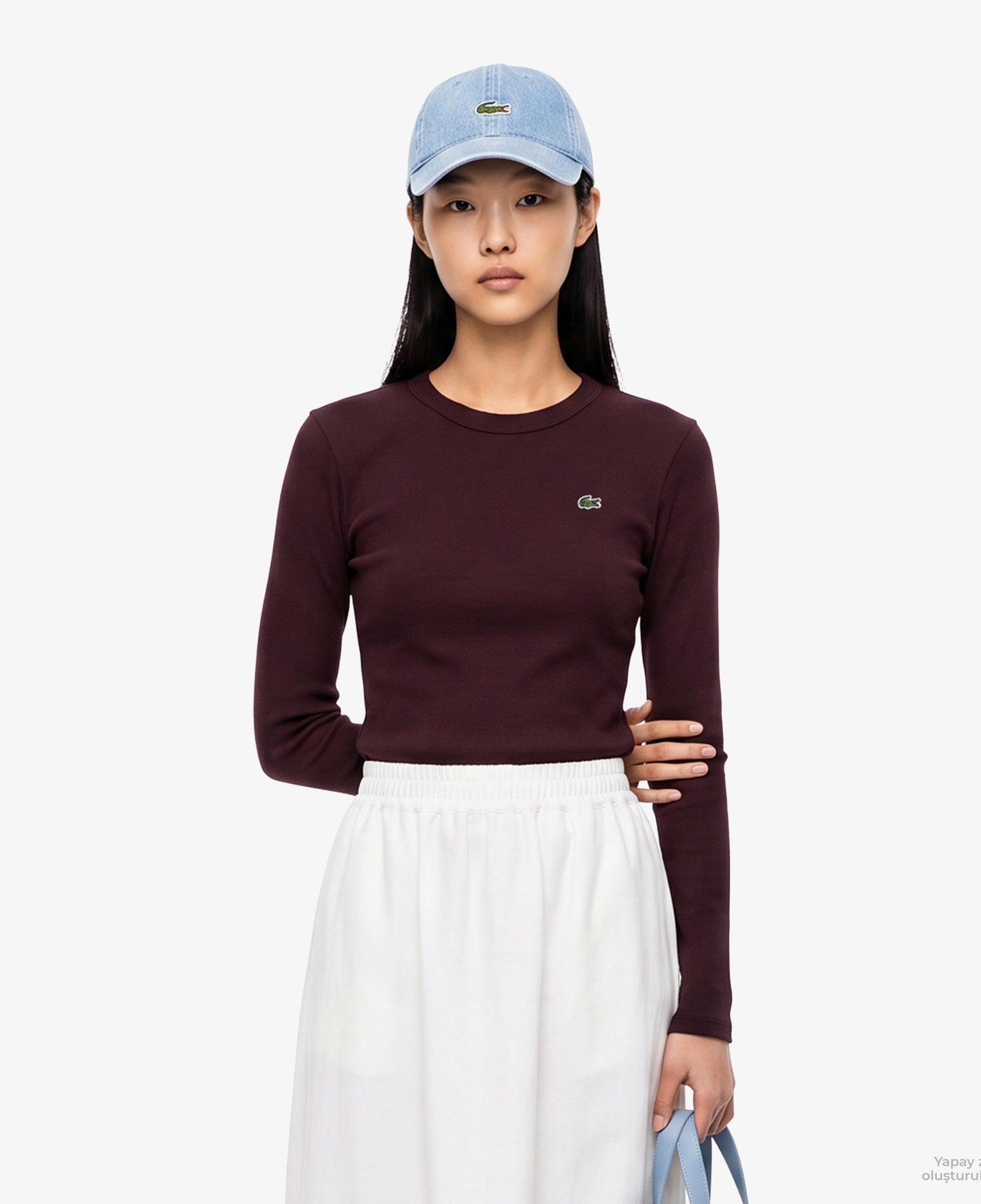 Kadın Slim Fit Uzun Kollu Bisiklet Yaka Bordo T-Shirt