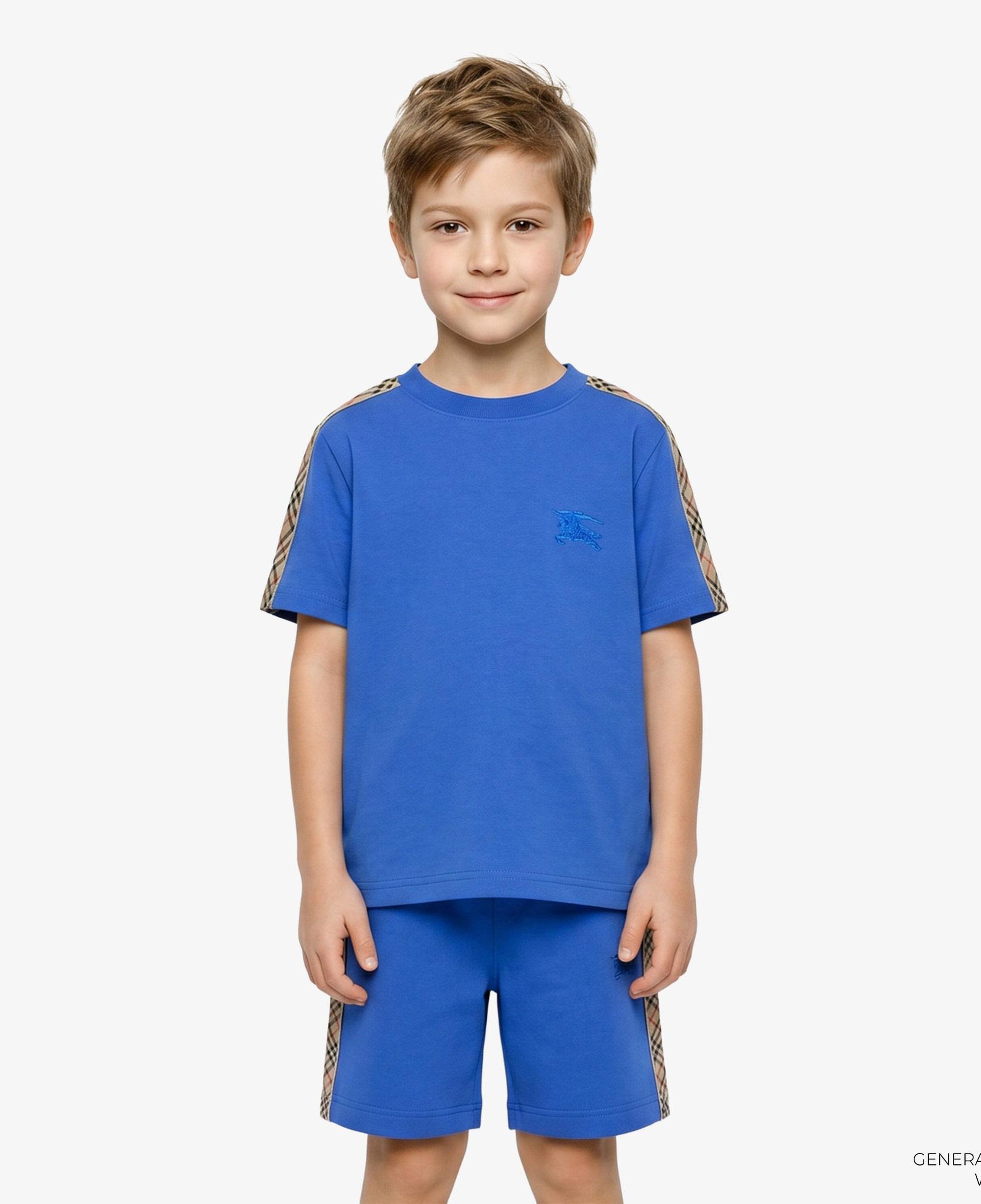 Burberry Check Trim Cotton Çocuk Mavi T-Shirt