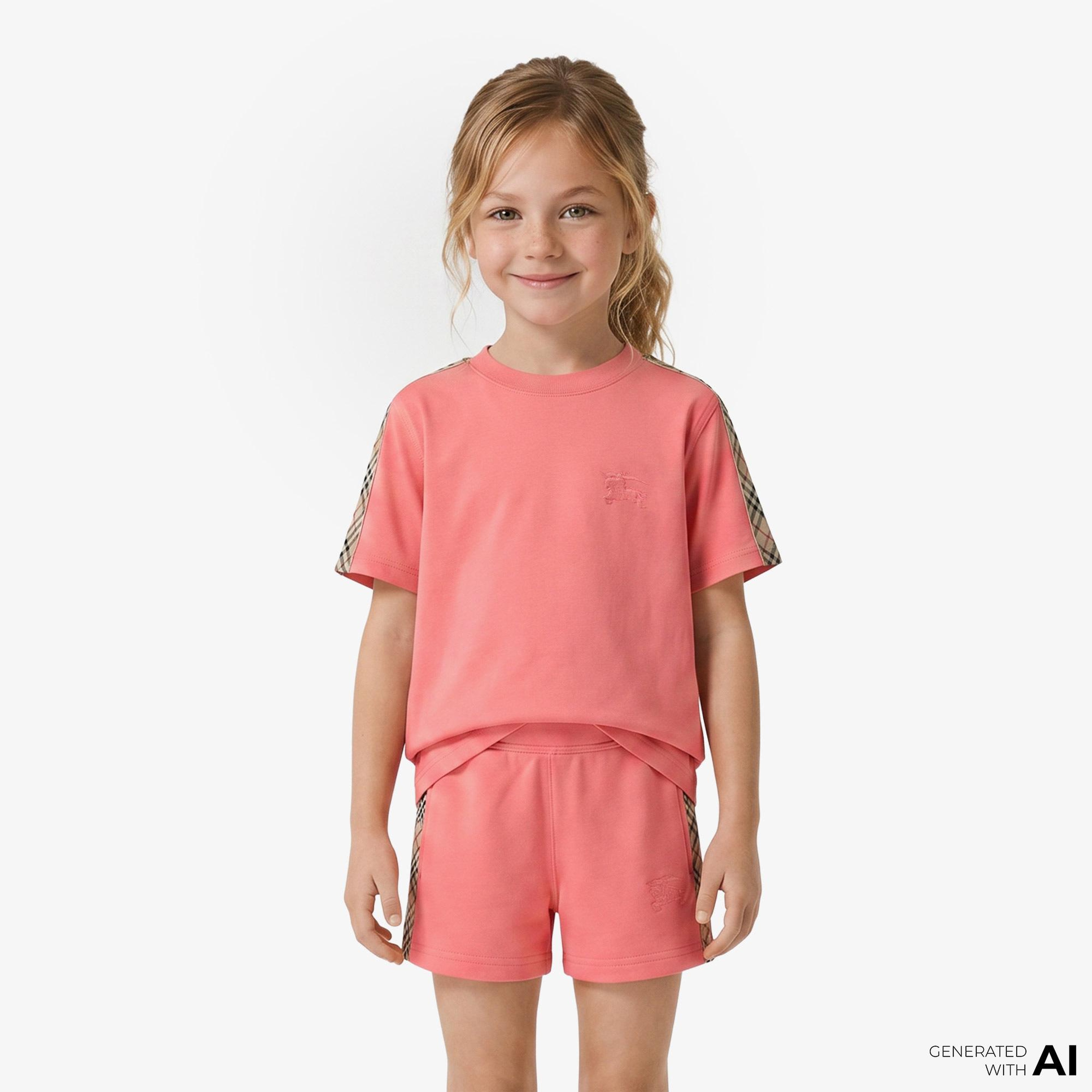 Burberry Check Trim Cotton Çocuk Pembe T-Shirt