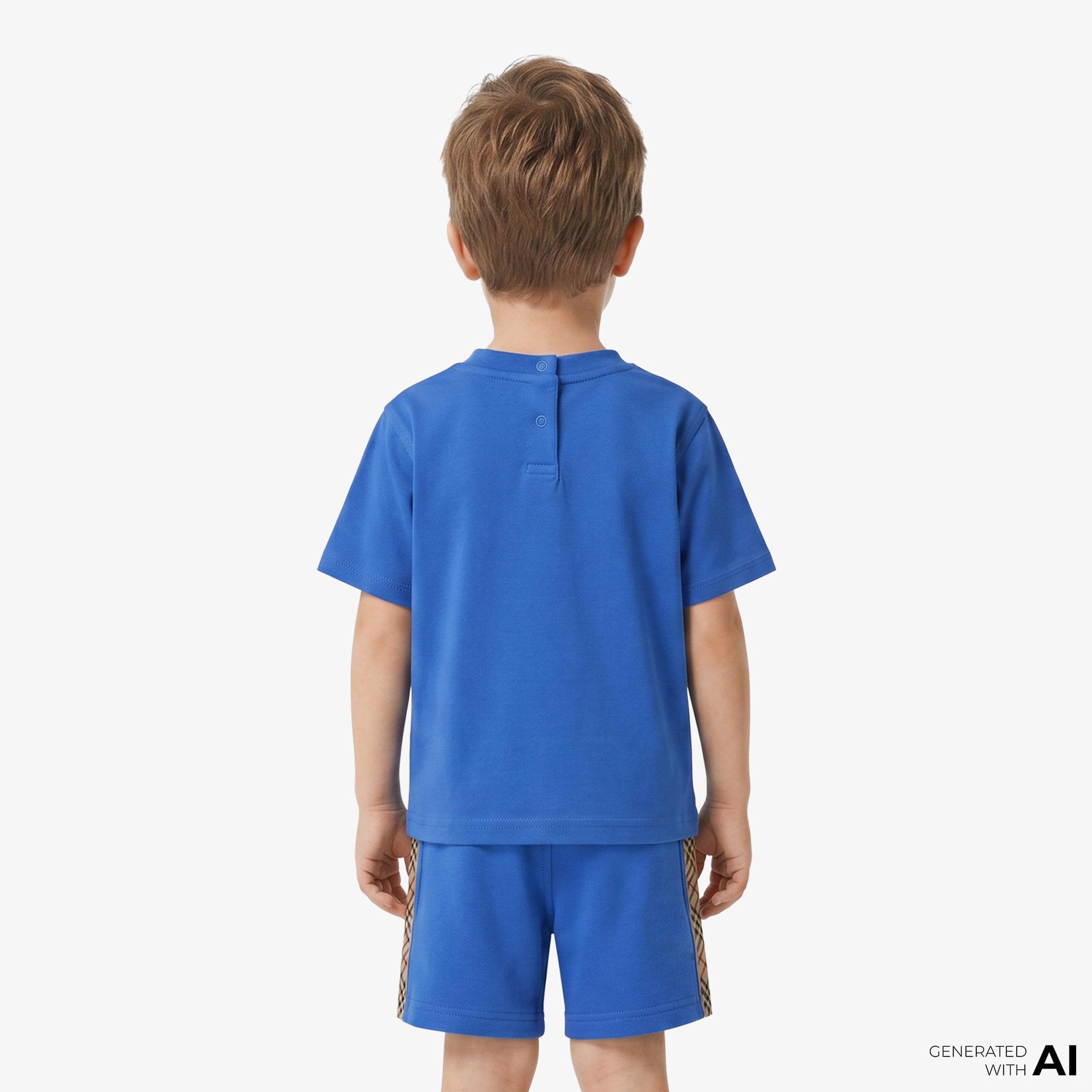 Burberry Check Trim Cotton Çocuk Mavi T-Shirt