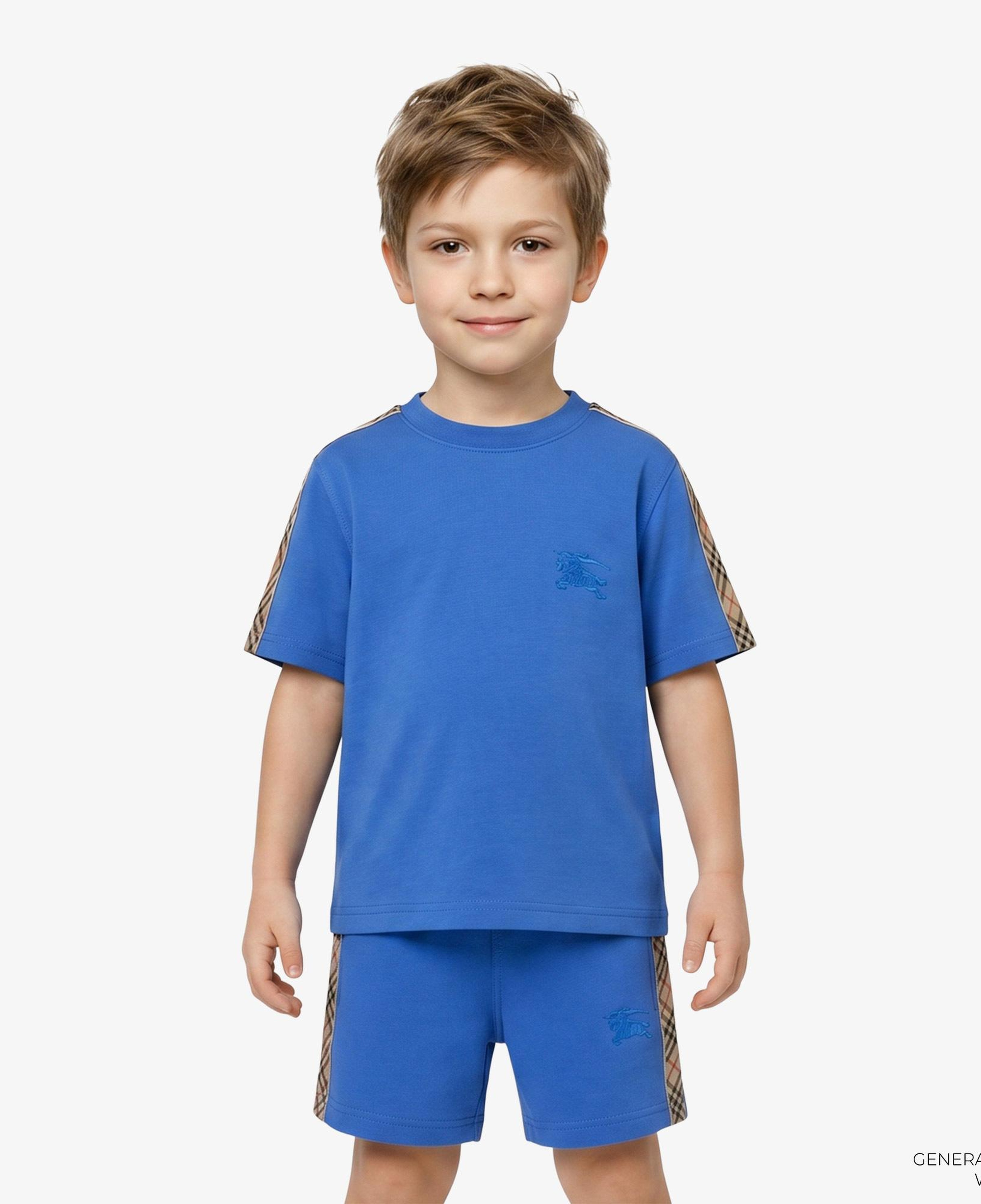 Burberry Check Trim Cotton Çocuk Mavi T-Shirt