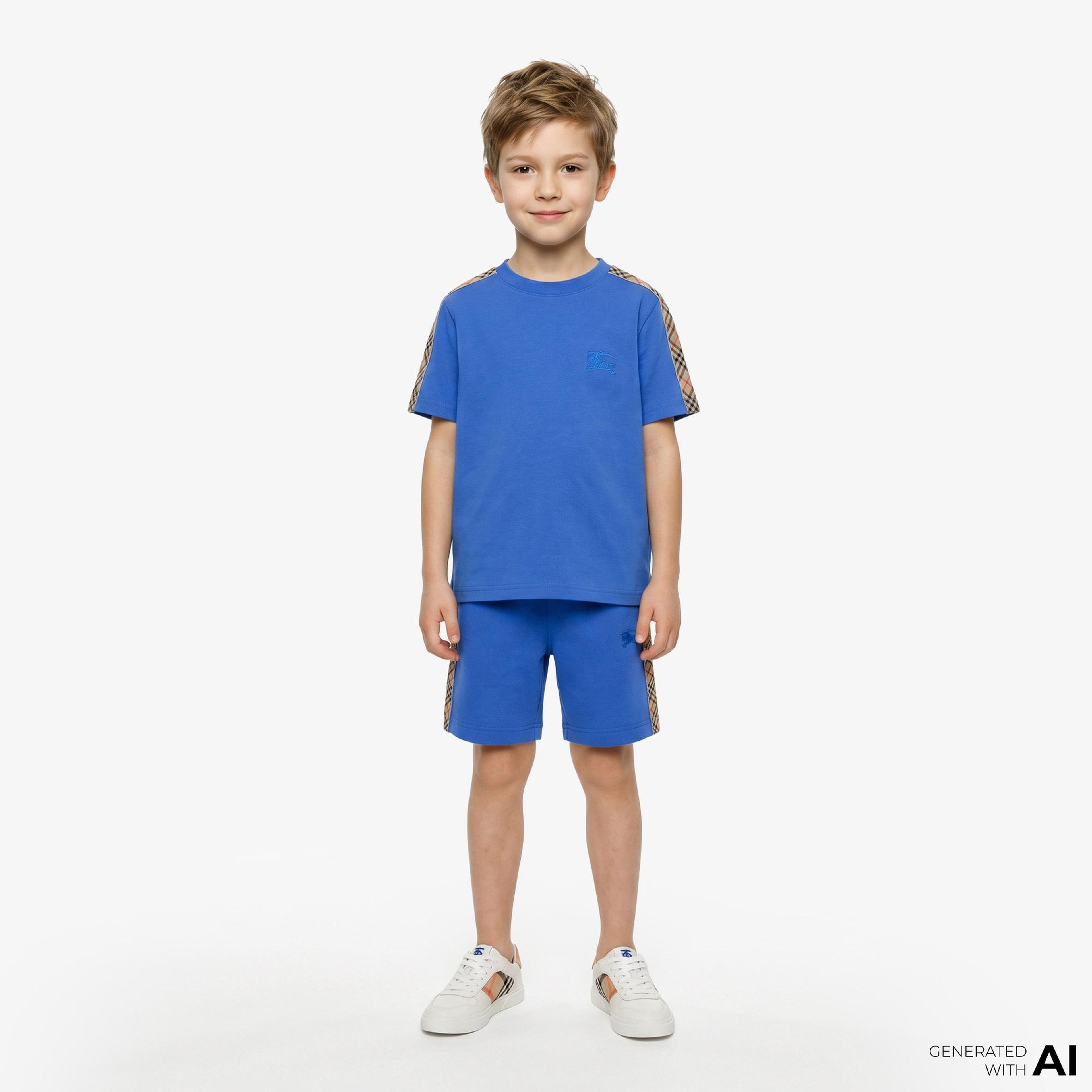 Burberry Check Trim Cotton Çocuk Mavi T-Shirt