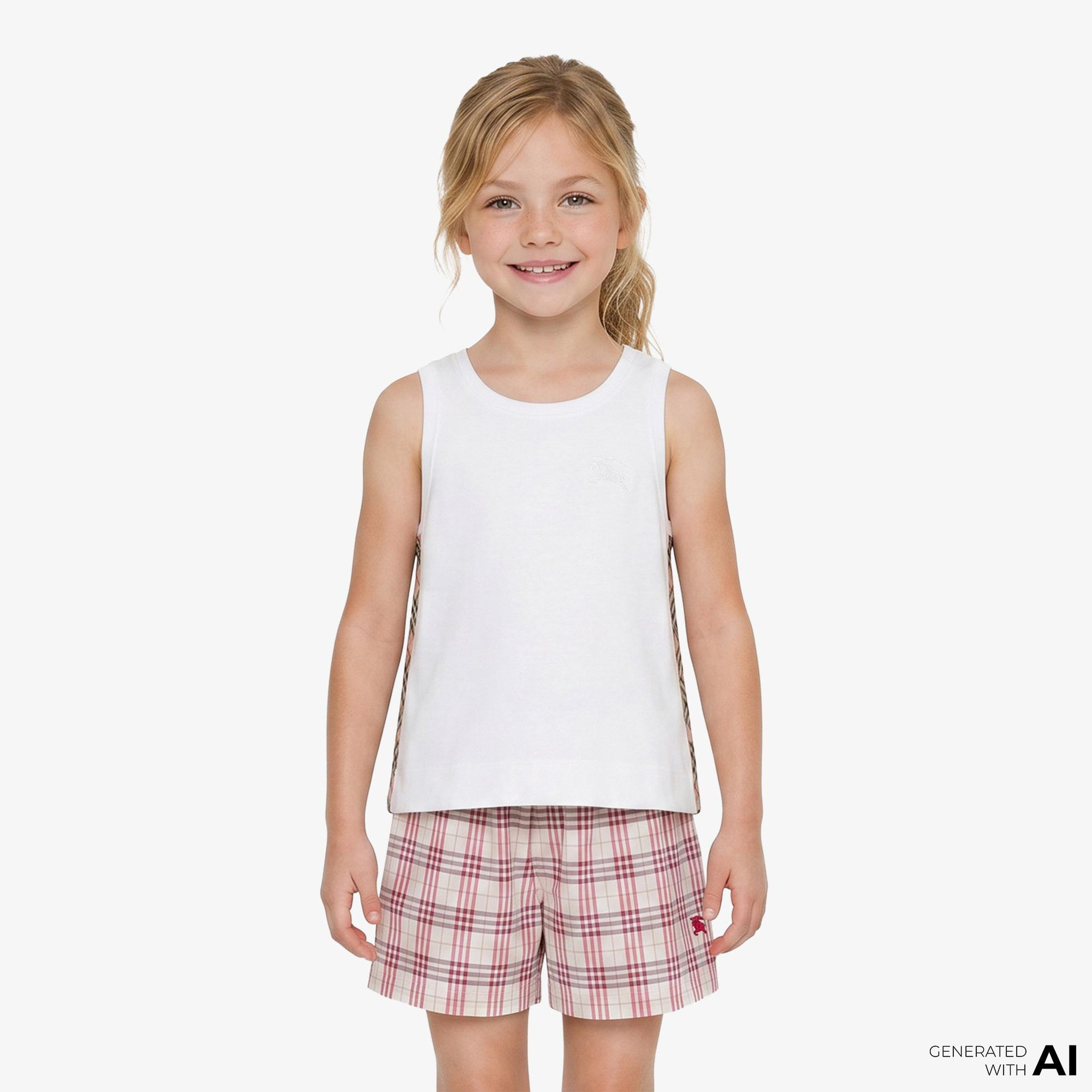 Burberry Check Trim Cotton Çocuk Beyaz T-Shirt