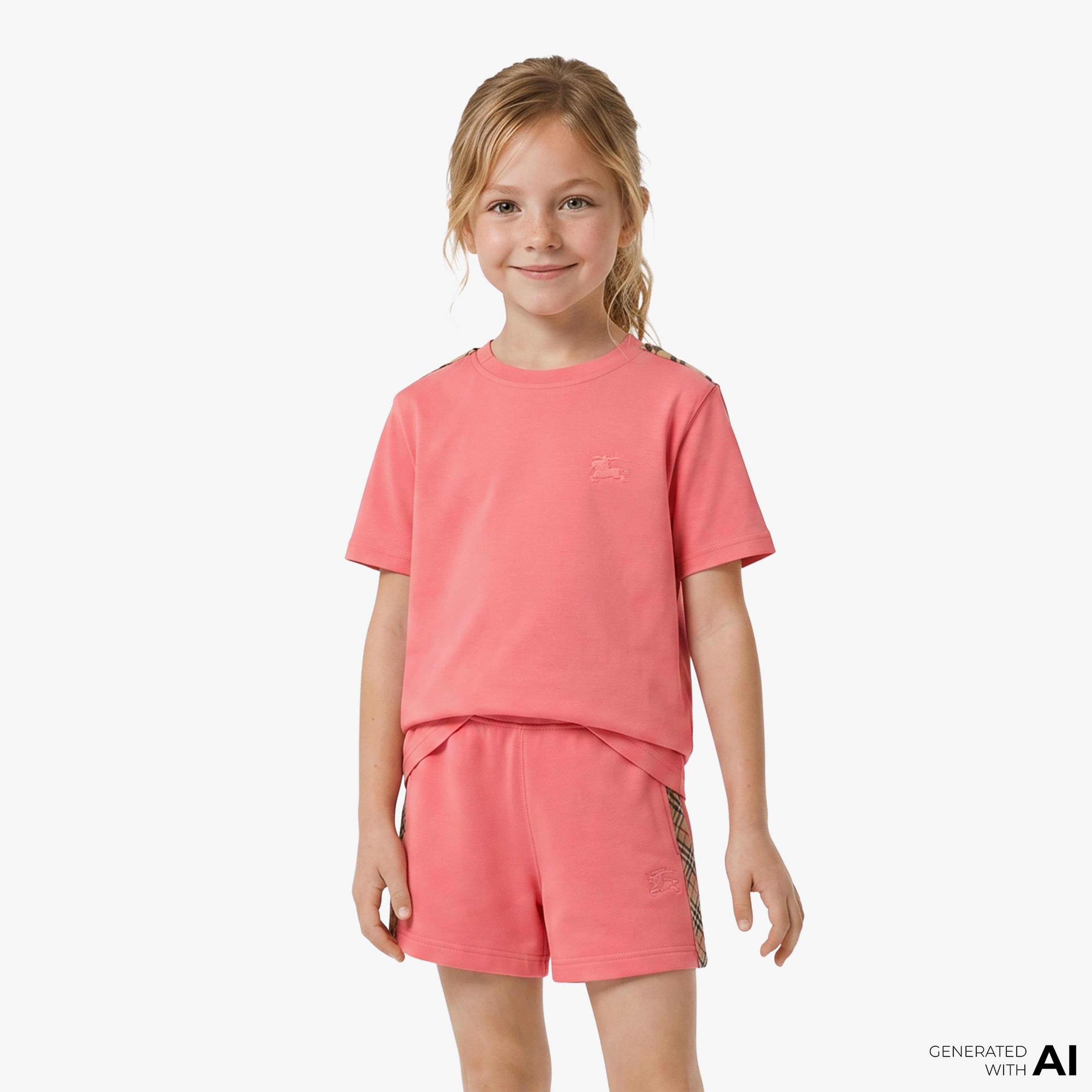 Burberry Check Trim Cotton Çocuk Pembe T-Shirt