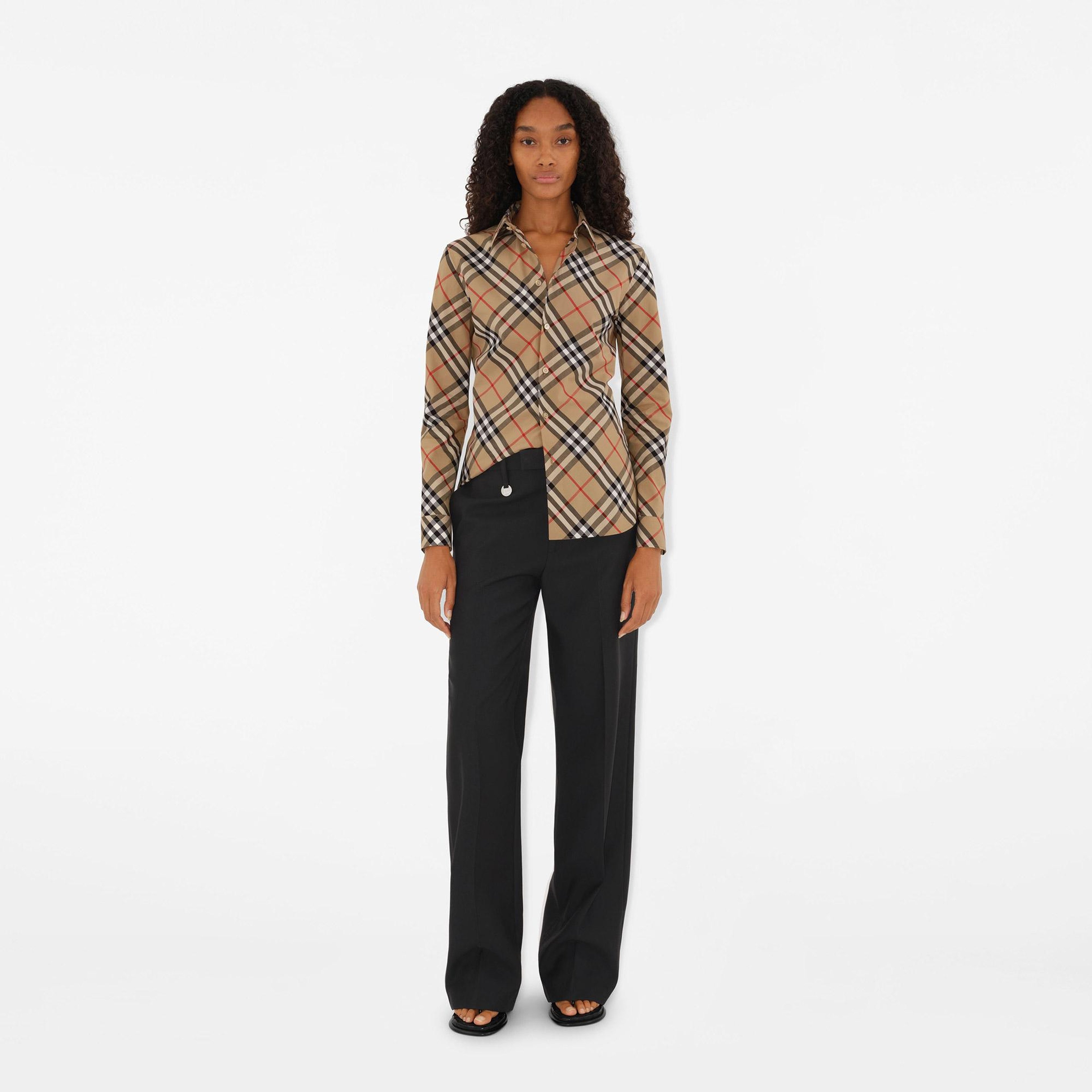 Burberry Slim Fit Check Pamuklu Kadın Bej Gömlek